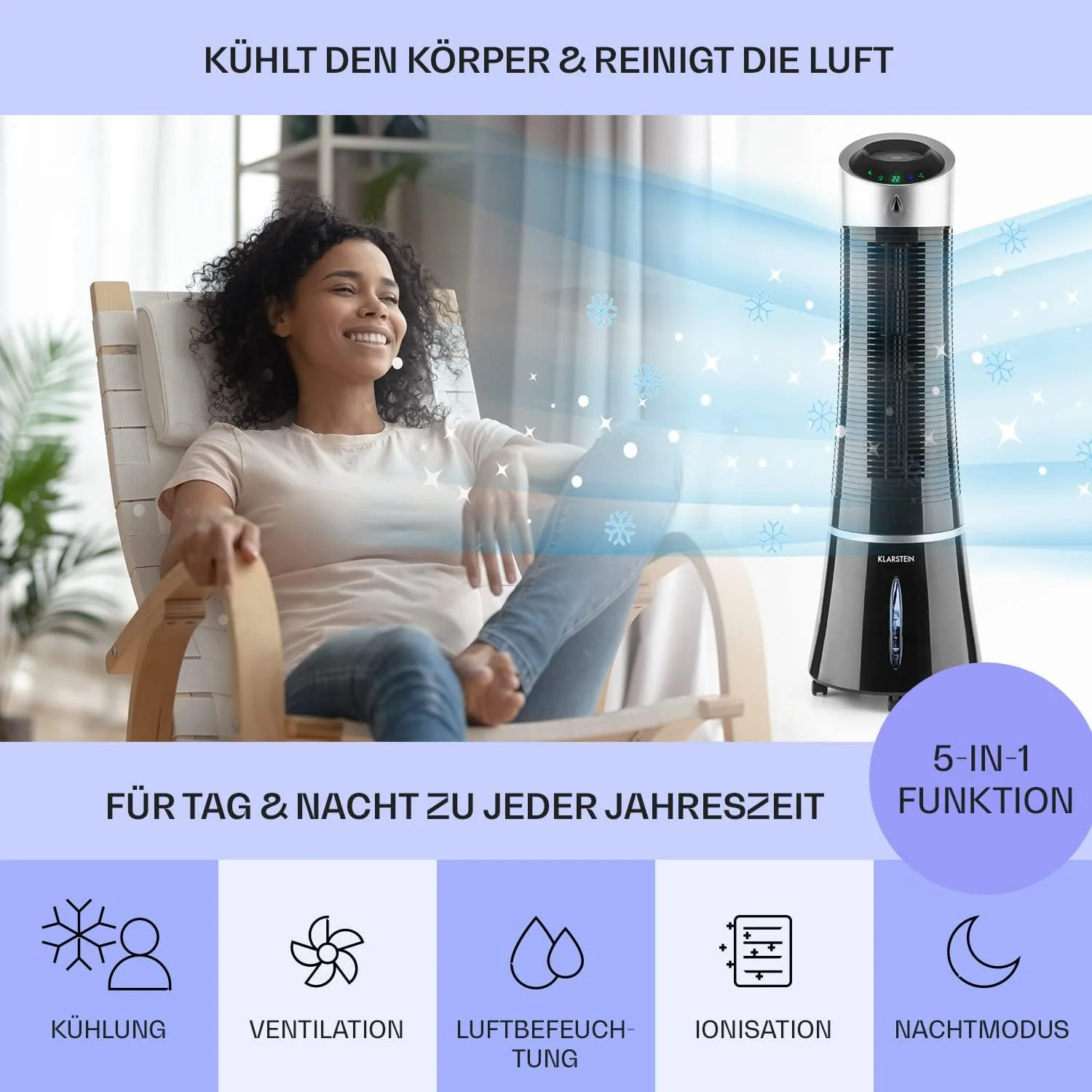 Klarstein 4-in-1: Slimme luchtkoeler, ventilator, luchtbevochtiger & ionisatie I 6 L watertank, oscillatie, 30 W, 210 m3/u, timer I Klimaatregelaar zonder afvoerslang, Mobiele airconditioner, Zwart-ros��goud