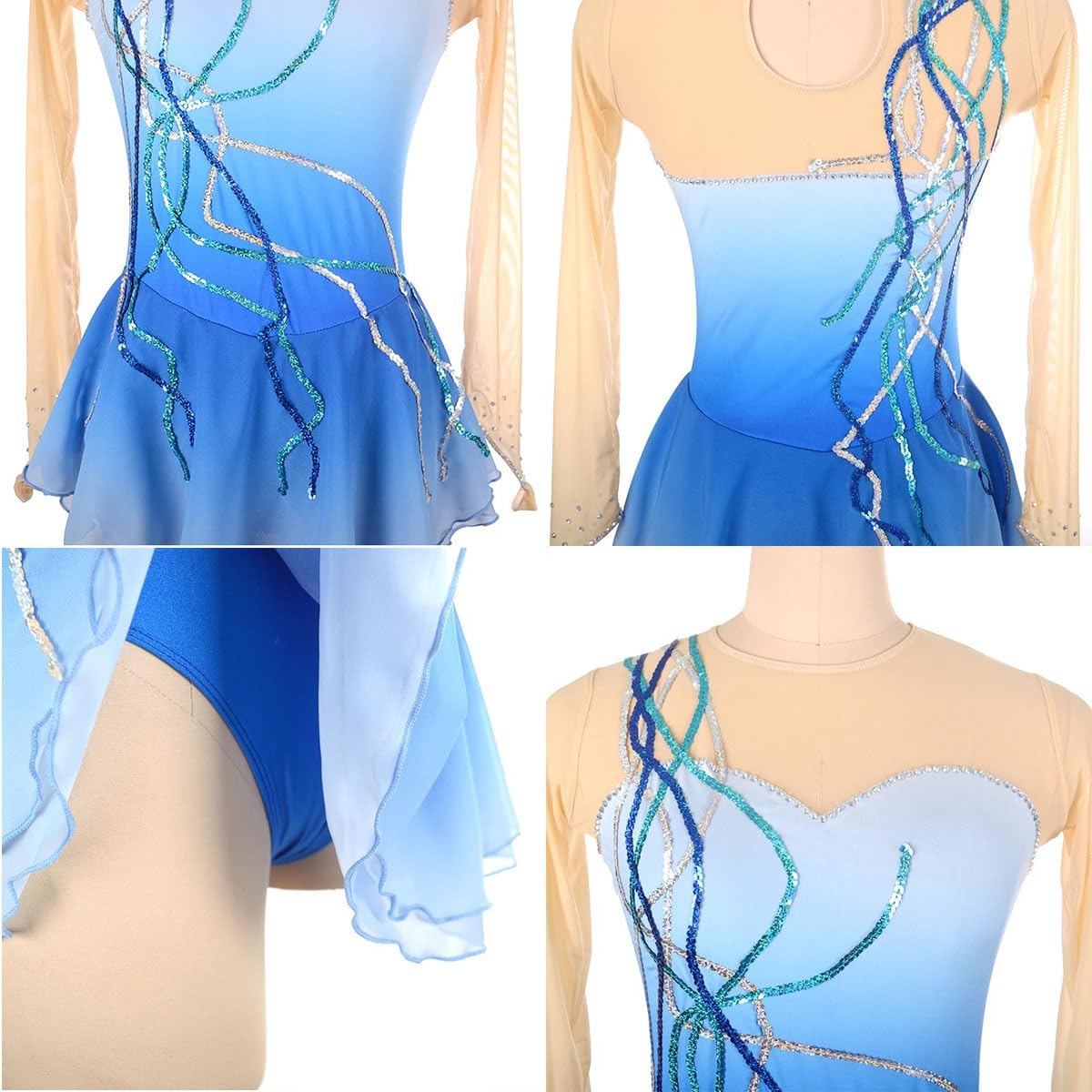purpleq Eiskunstlauf Kleid Mädchen Kürkleid Glitzer Strass Ballettkleid Langarm Eiskunstlauf Zubehör Rollkunstlaufkleid Leotard Tanzanzug Wettbewerb Tanzkostüm Damen Tanzkleid