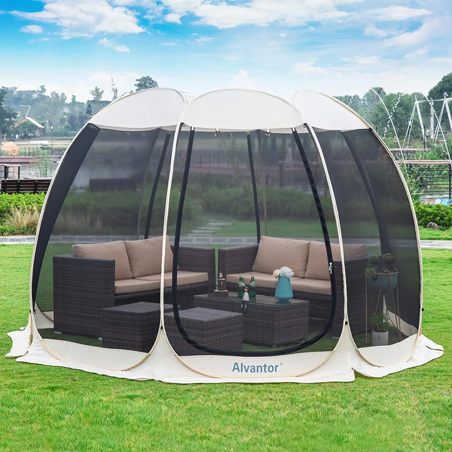 10x10 Muskietennet voor Familie Campingtent Buiten, Uitschuifbaar Voordak, Paviljoen voor Restaurants
