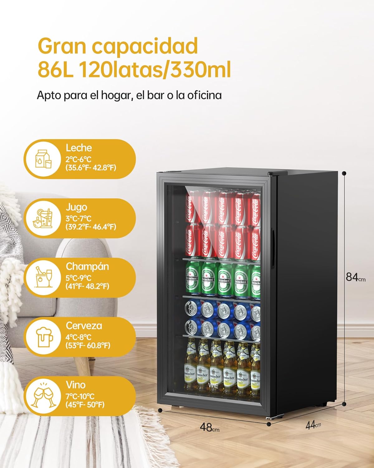 WIE Nevera Pequeña, Refrigerador de Bebidas con Puerta de Vidrio, 3 Estantes Ajustables, Control Inteligente, Puerta Reversible, Frigorificos Pequeños para Inicio/Bar/Oficina/Hotel (Negro 86L)