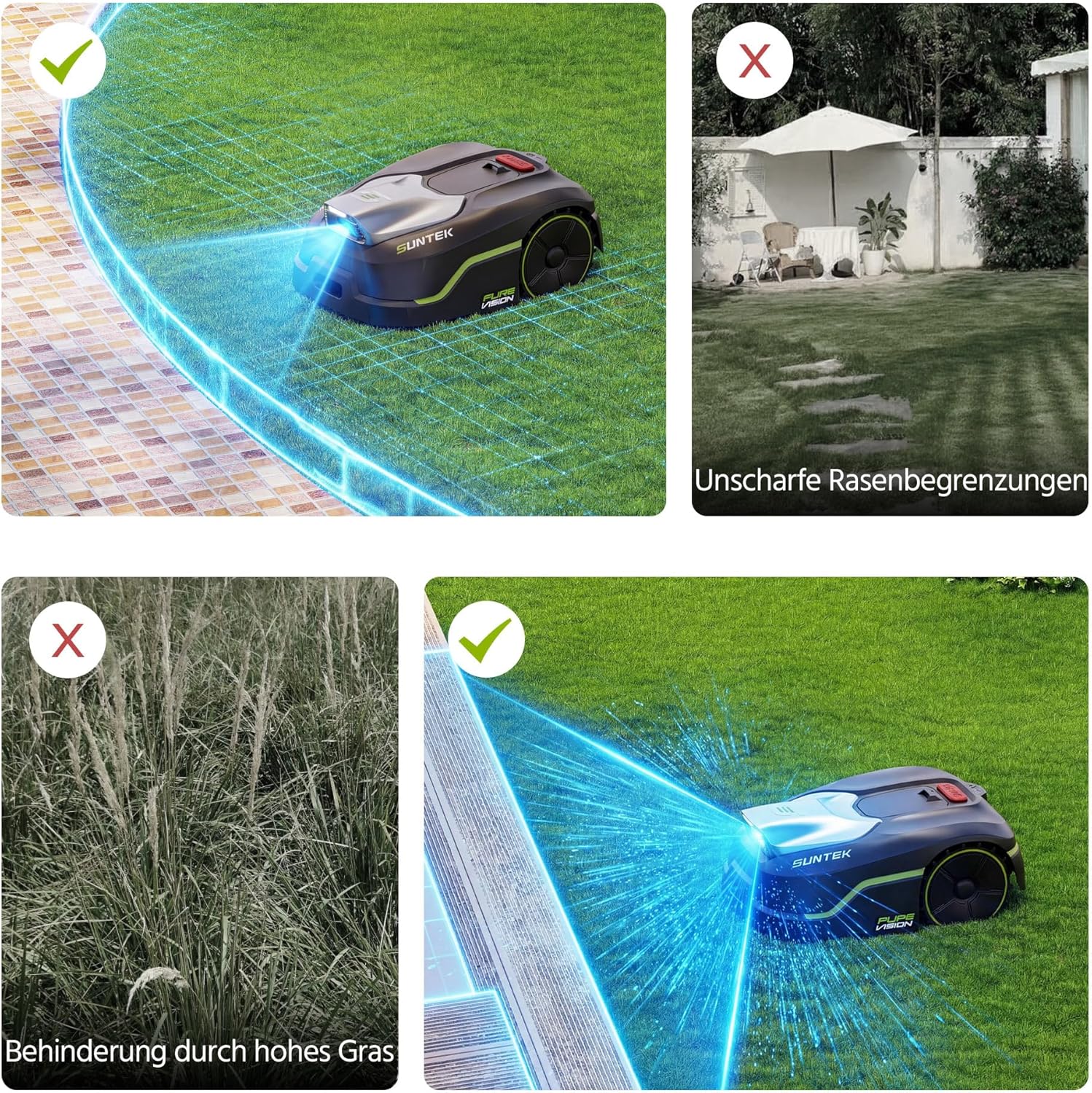 SUNTEK SRM2025 Mähroboter ohne Begrenzungskabel, KI Pure Vision Rasenmäher Roboter für 250 m² mit automatischer Kartierung, 35% Steigung, Wasserdichtigkeit IPX5, Automatische Kartierung mit Garage