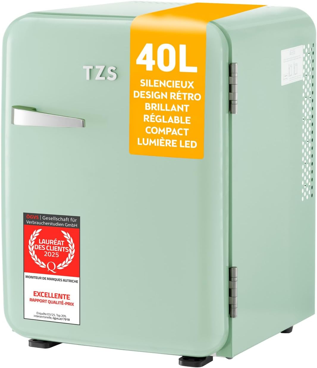 TZS First Austria - Mini Réfrigérateur Rétro 40L silencieux - Petit Minifrigo design vintage avec lumière intérieure et 2 compartiments de porte - Minibar pour camping, bureau, chambre & hôtel - mint