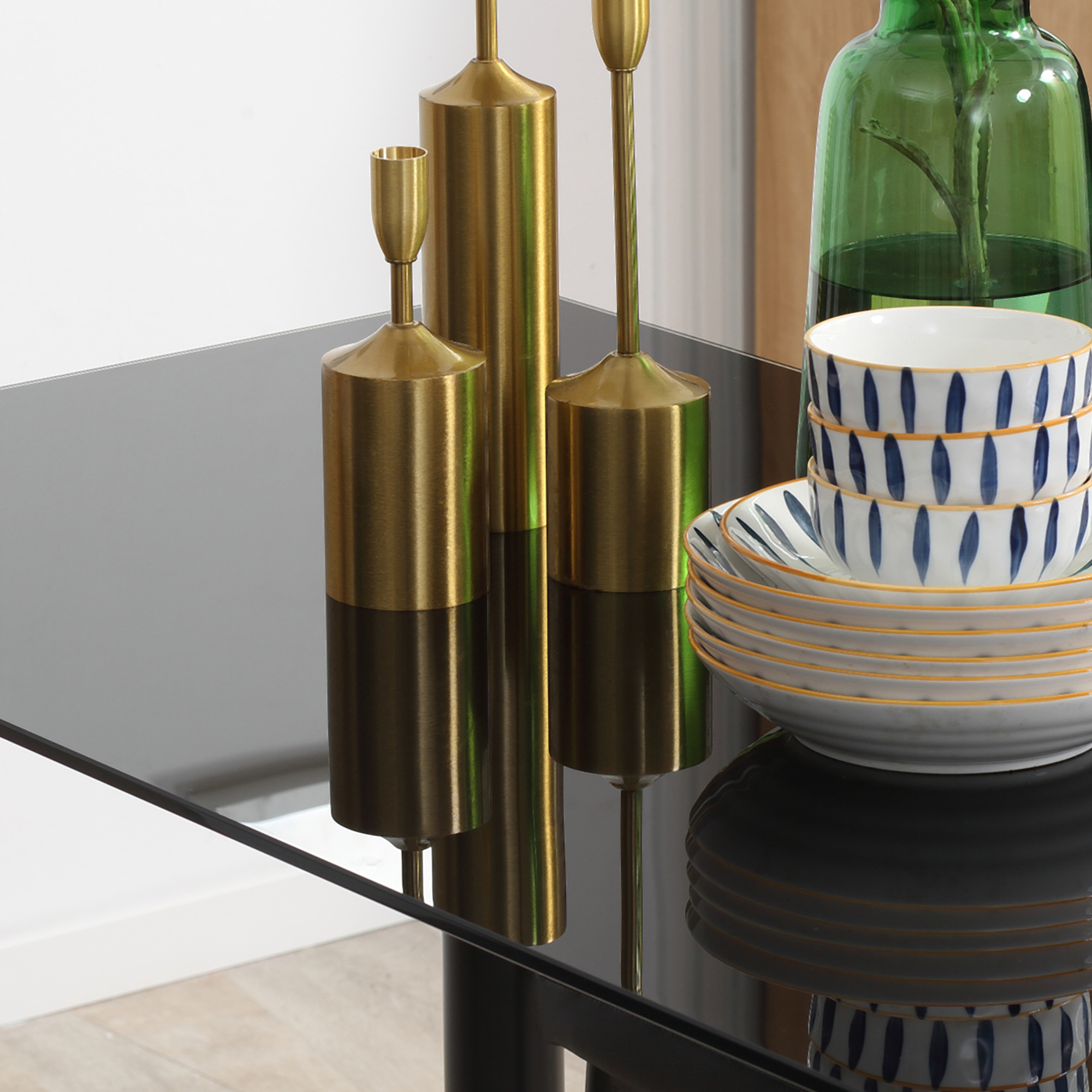 5-delige Eetkamerset Tafel en 4 Stoelen, Modern Design, Glazen Tafel, Zwart