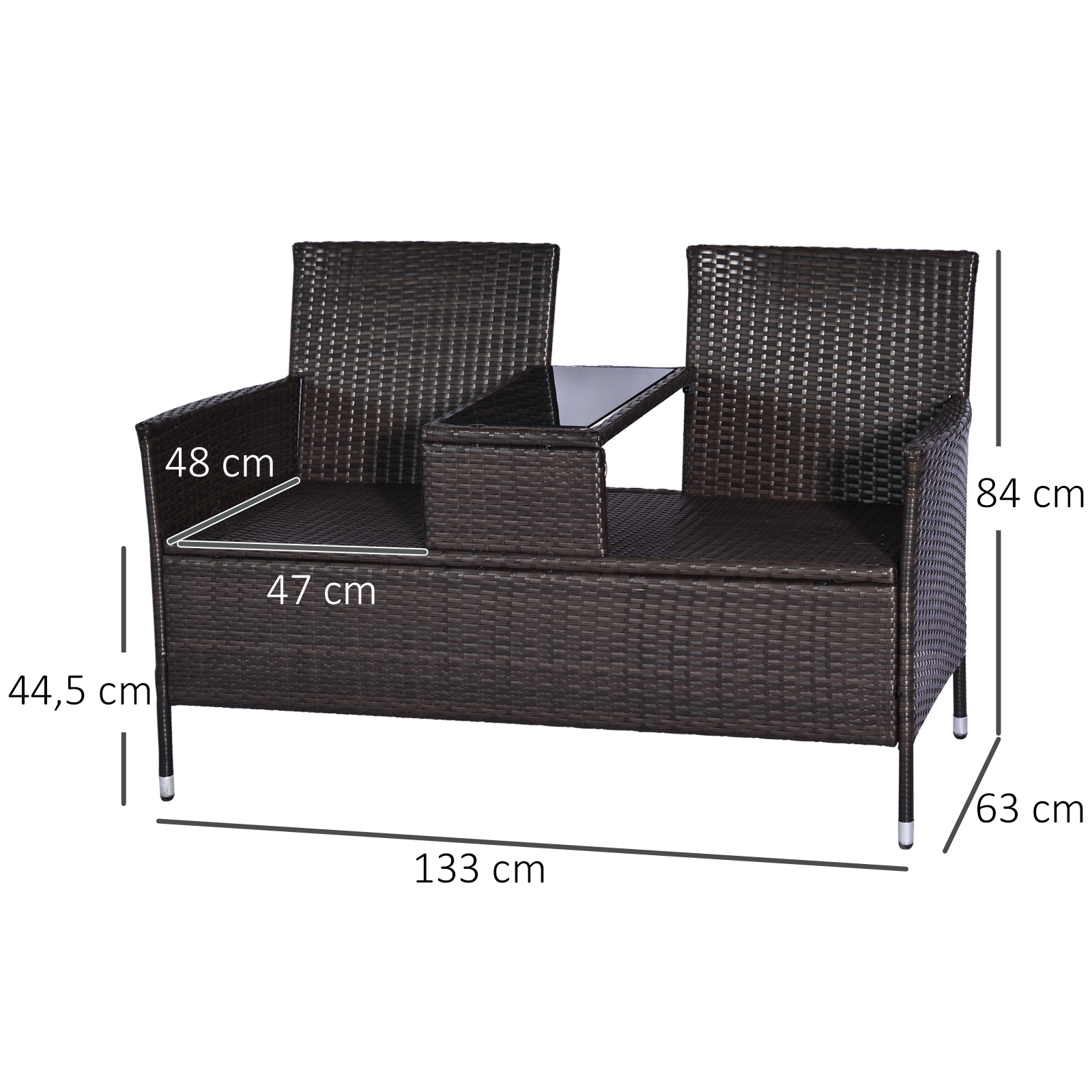 Poly-rotan tuinbank met tafel tuinbank bank 2-zits staal bruin