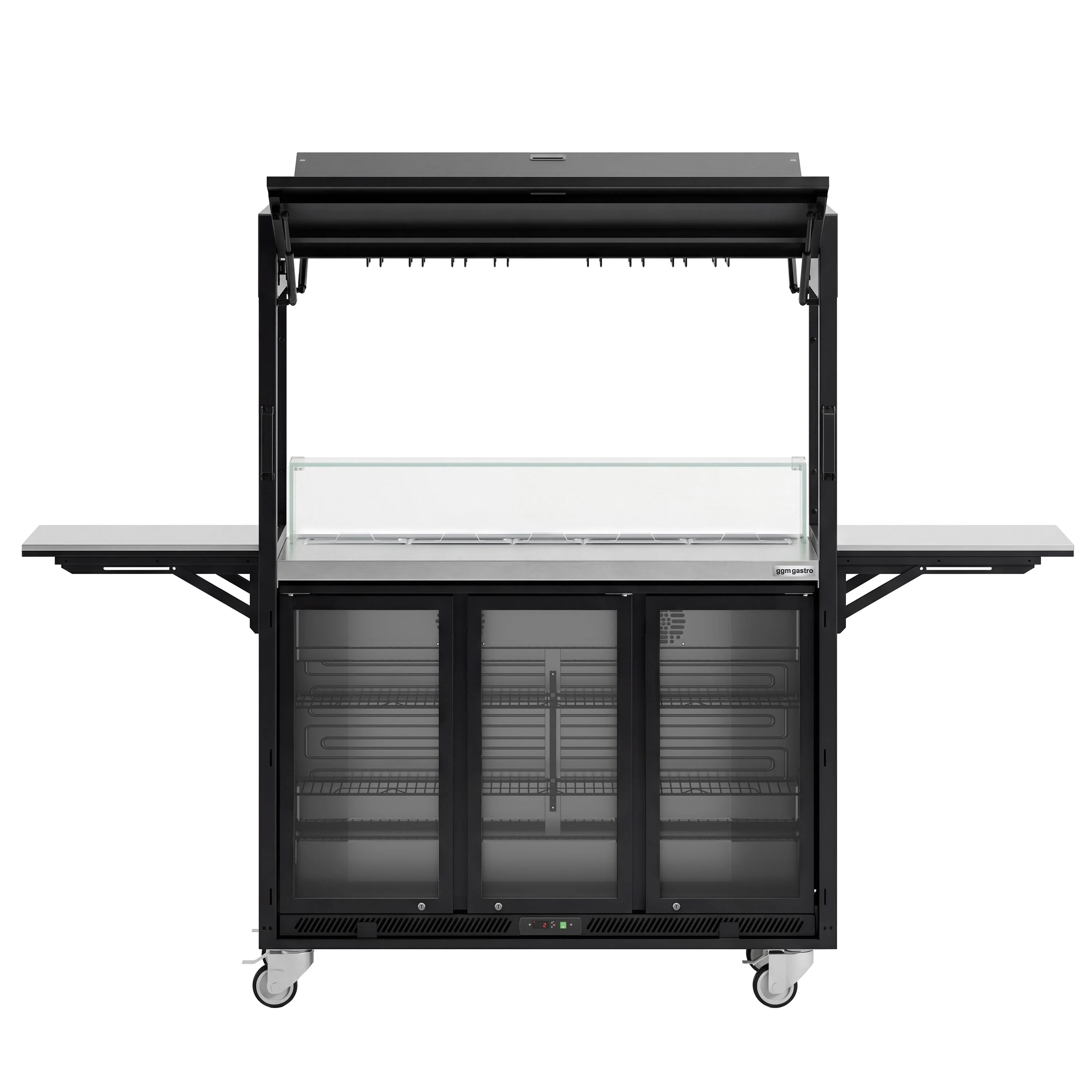 Mobil cocktailstasjon - med barkjøleskap, arbeidsflate, glassplate og LED-belysning - hengslet
