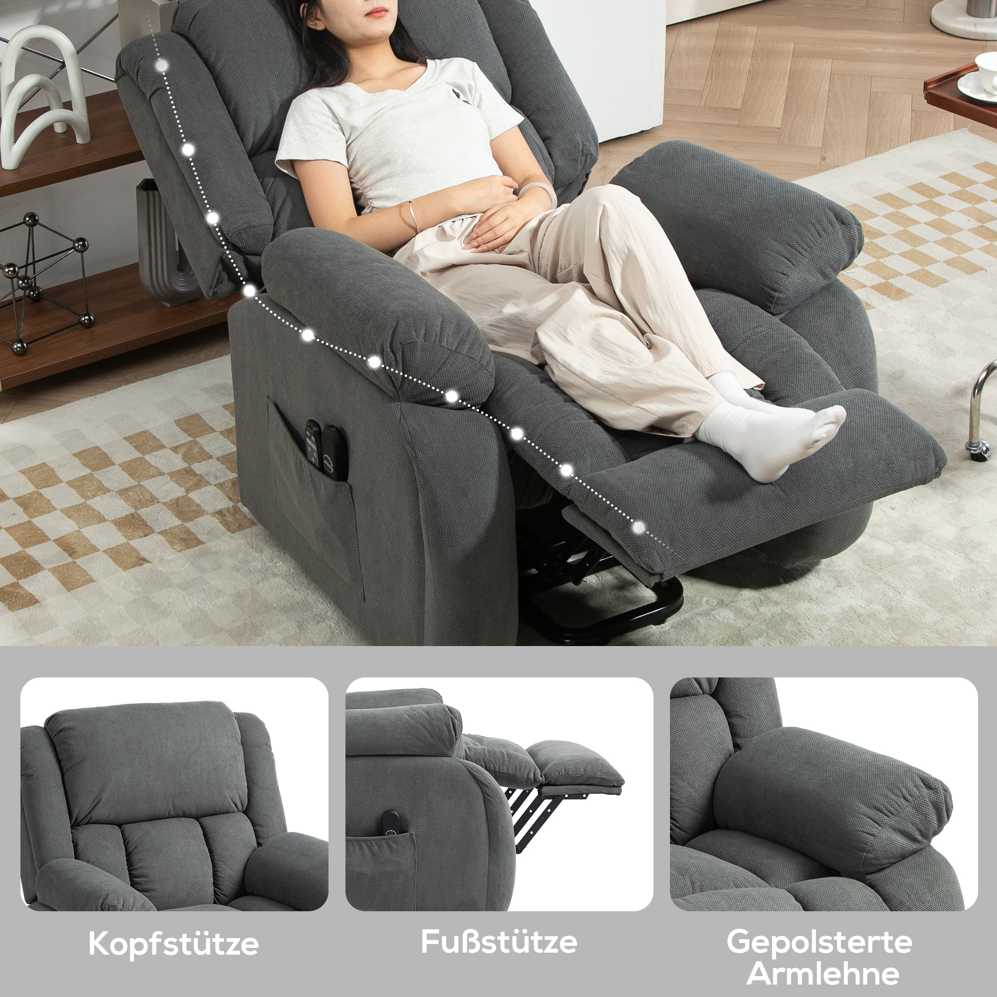 Relaxstoel met Massage- en Warmtefunctie, Elektrische Opsta-Stoel, Afstandsbediening, Zijvakken, Grijs