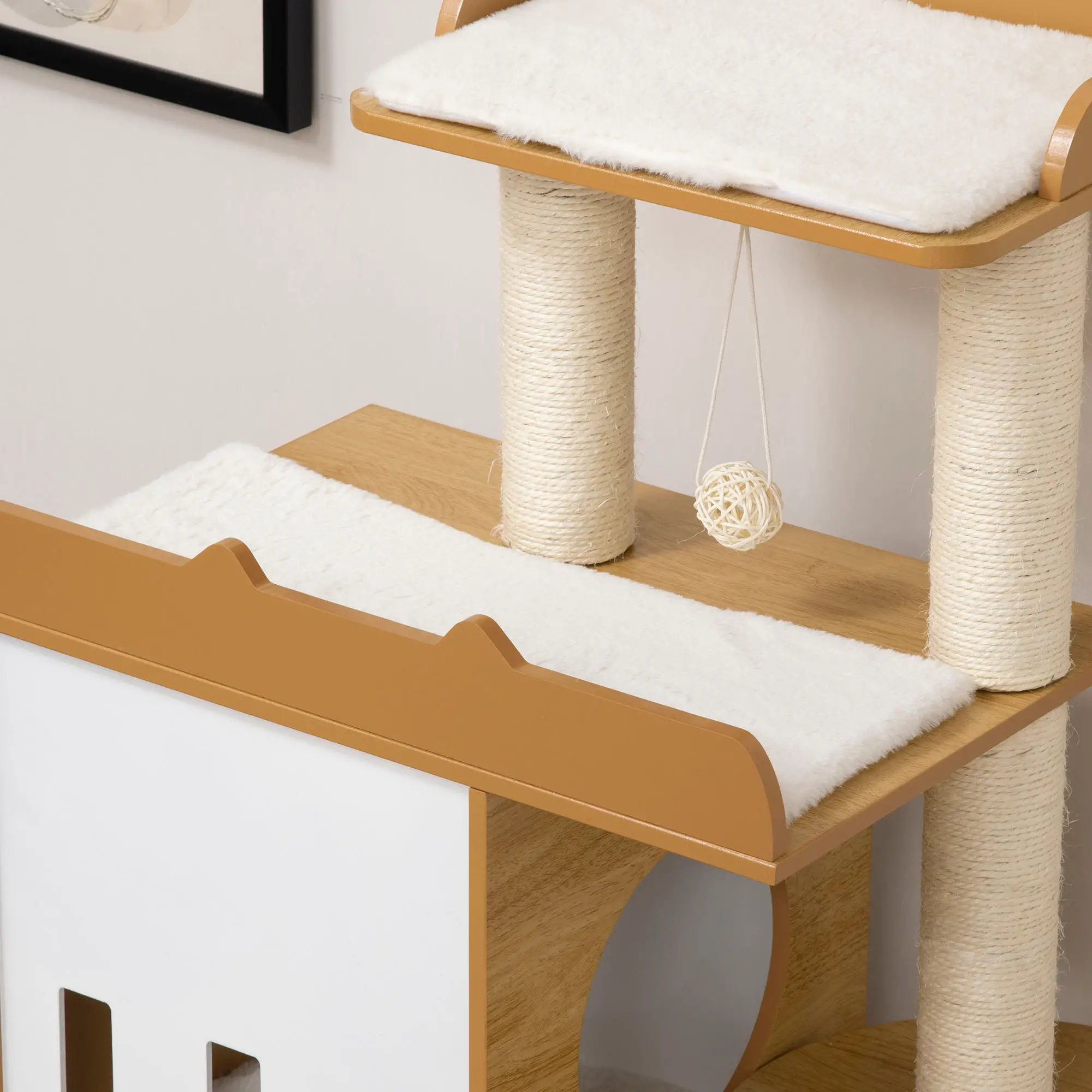 PawHut Krabpaal Kattenmeubel met Sisal Krabpalen en Speelbal Eiken Wit