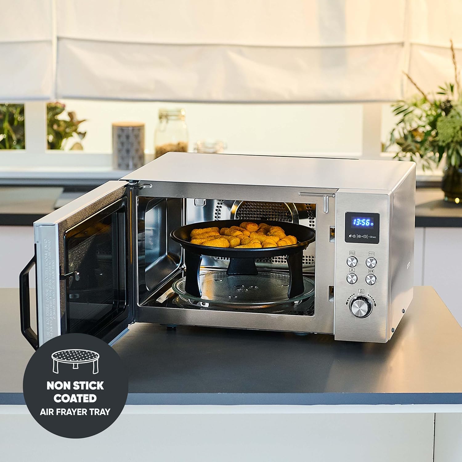 SEVERIN Mikrowelle mit Grill und Heißluftfunktion 3-in-1, zum Auftauen, Garen und Erhitzen, Mikrowelle mit Drehteller, Edelstahl-gebürstet/silber, MW 7774