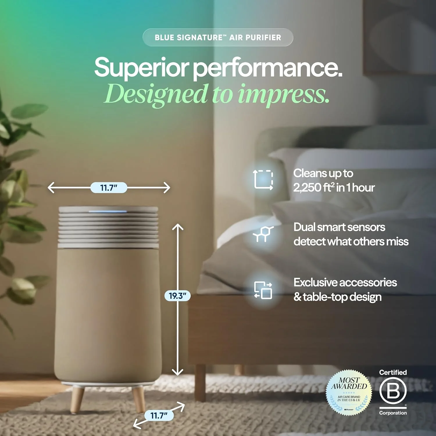 BLUEAIR Blue Signature SP3i Air Purifier for Medium Rooms up to 498 sq ft. HEPASilent Filtration. WiFi Smart Control. Auto Mode. Odor & Smoke Removal. Pet Hair & Dust. AHAM Verified. Table Design