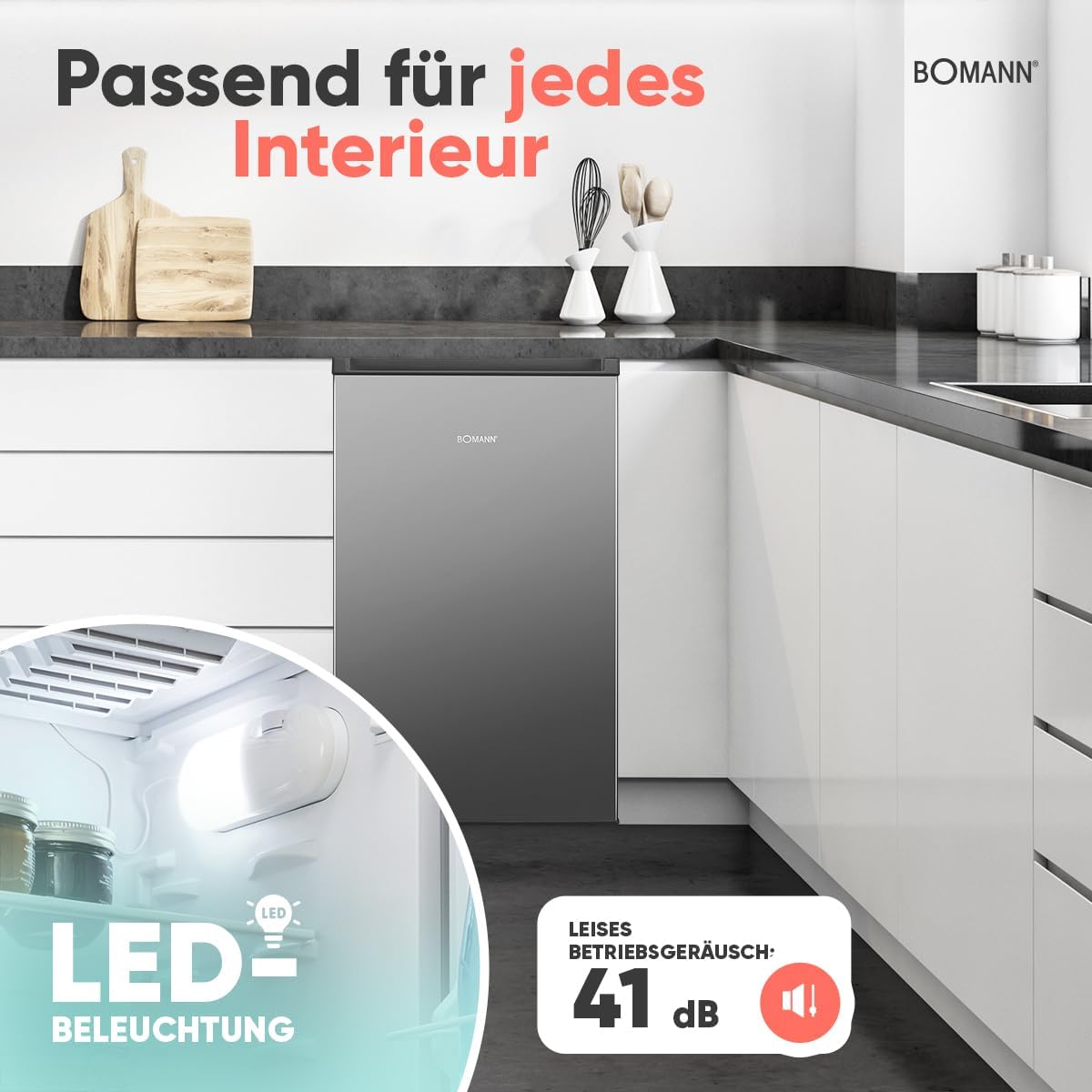 Bomann® Kühlschrank mit Frostfach | 83 Liter | energieeffizient, leise & kompakt | 0°C - 8°C, stufenlos regelbar | 2 Ablagen & Gemüsefach | LED Beleuchtung | Türanschlag wechselbar | KS 7257 inox