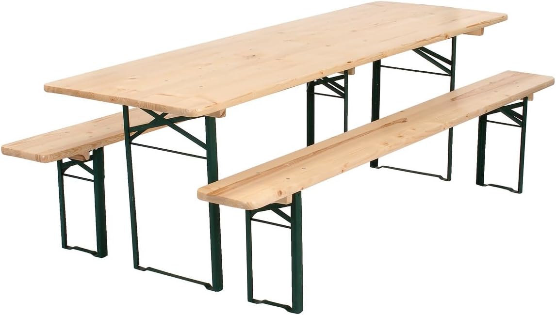 METRO Professional Bierzeltgarnitur, 3-TLG. Gartenmöbel Set, 1 Bier-Tisch 220 x 70 cm, 2 Bierbänke 220 x 25 cm, Klappbar, Naturbraun/Grün