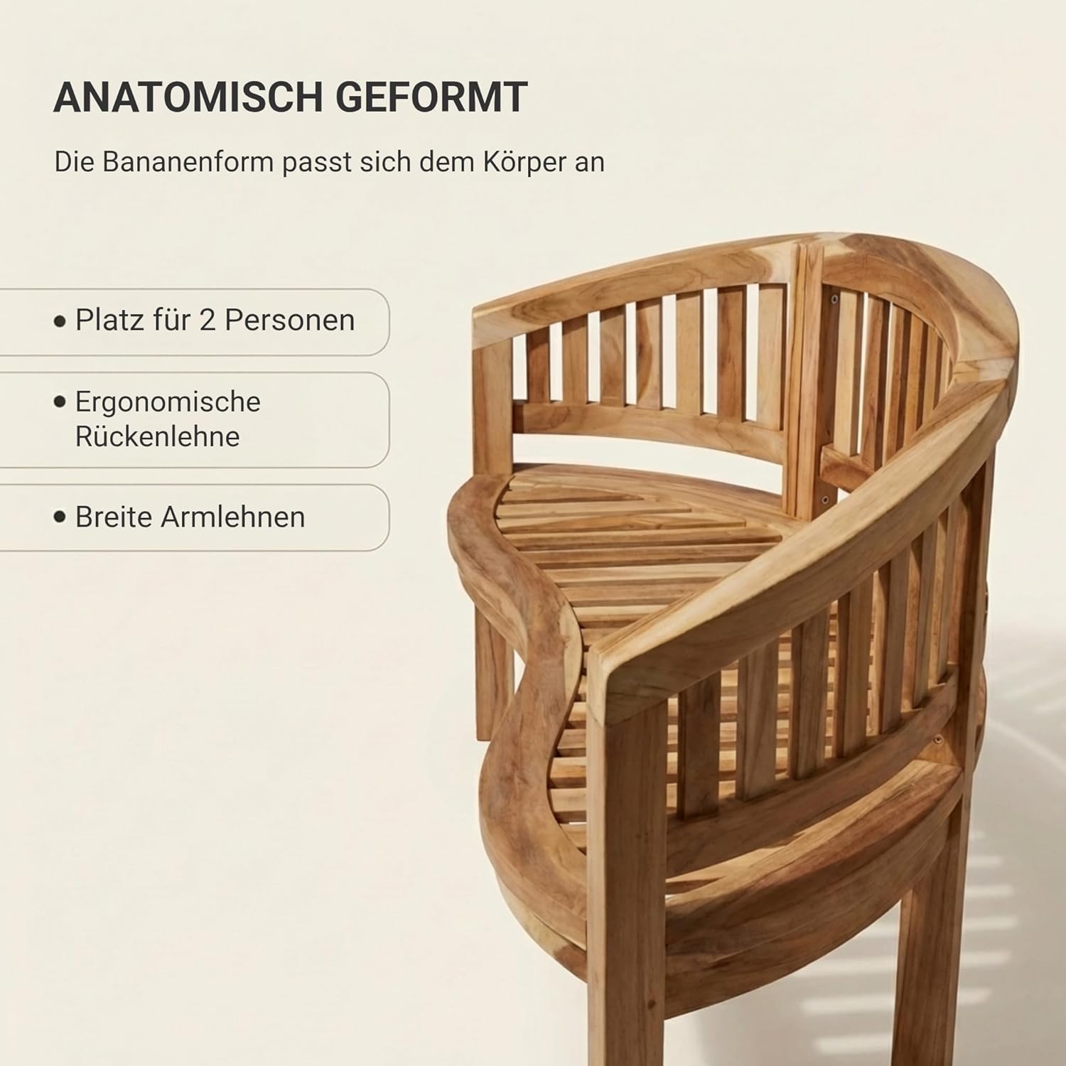 SAM 2-Sitzer Bananenbank Banana, 120 cm Sitzbank, Teak-Holz, Massive Holzbank, ideal für den Balkon oder Garten