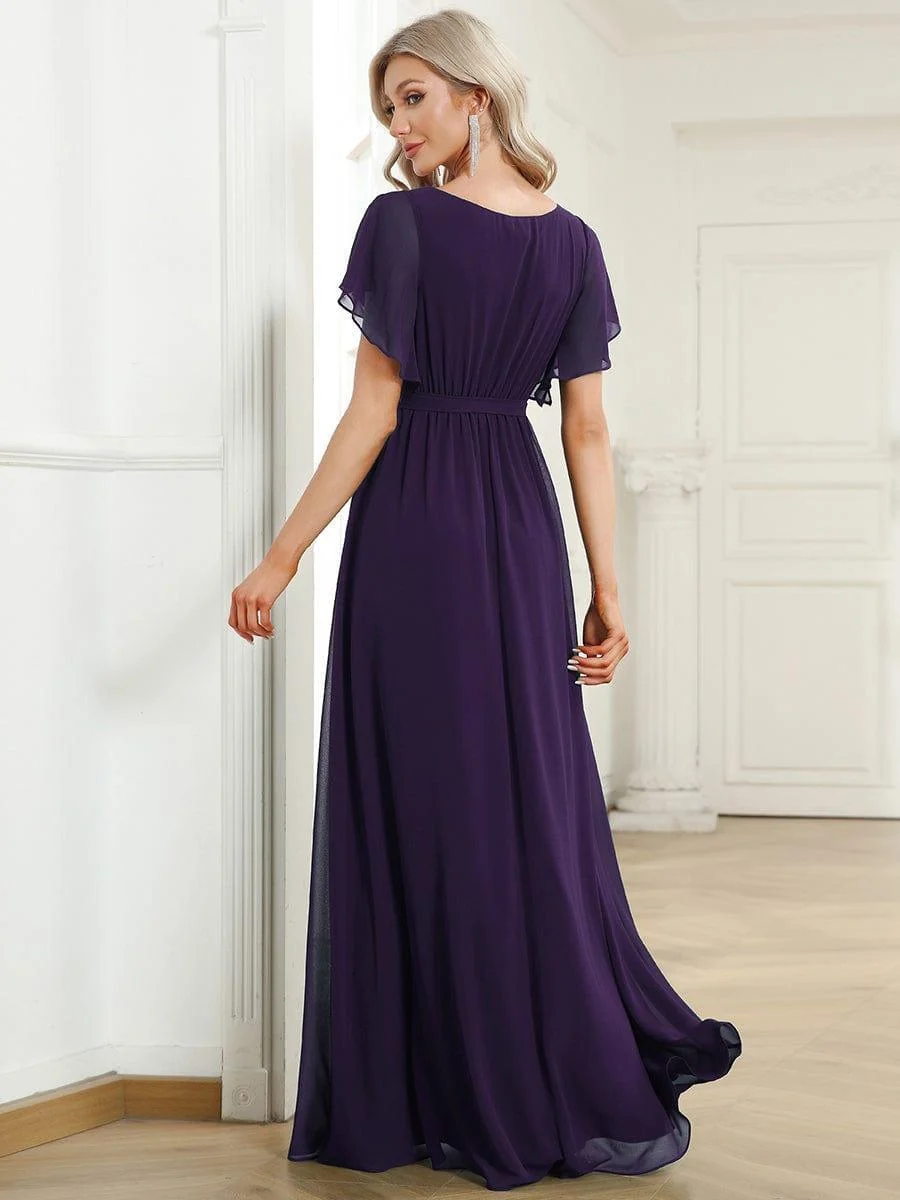 Abendkleid Damen Maxi A-Linie aus Chiffon | Festliches Kleid f��r Hochzeitsg?ste mit V-Ausschnitt und Fl��gel?rmeln
