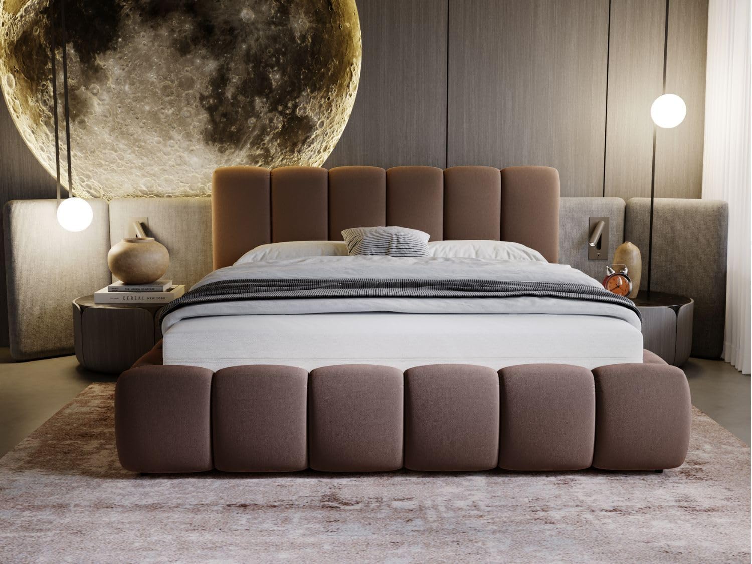 GRAINGOLD Cloud Bett 140x200, Polsterbett mit Bettkasten, Polsterbett mit Stauraum, Samt, mit Lattenrost, mit Kopfteil, ohne Matratze (Braun, 140x200)