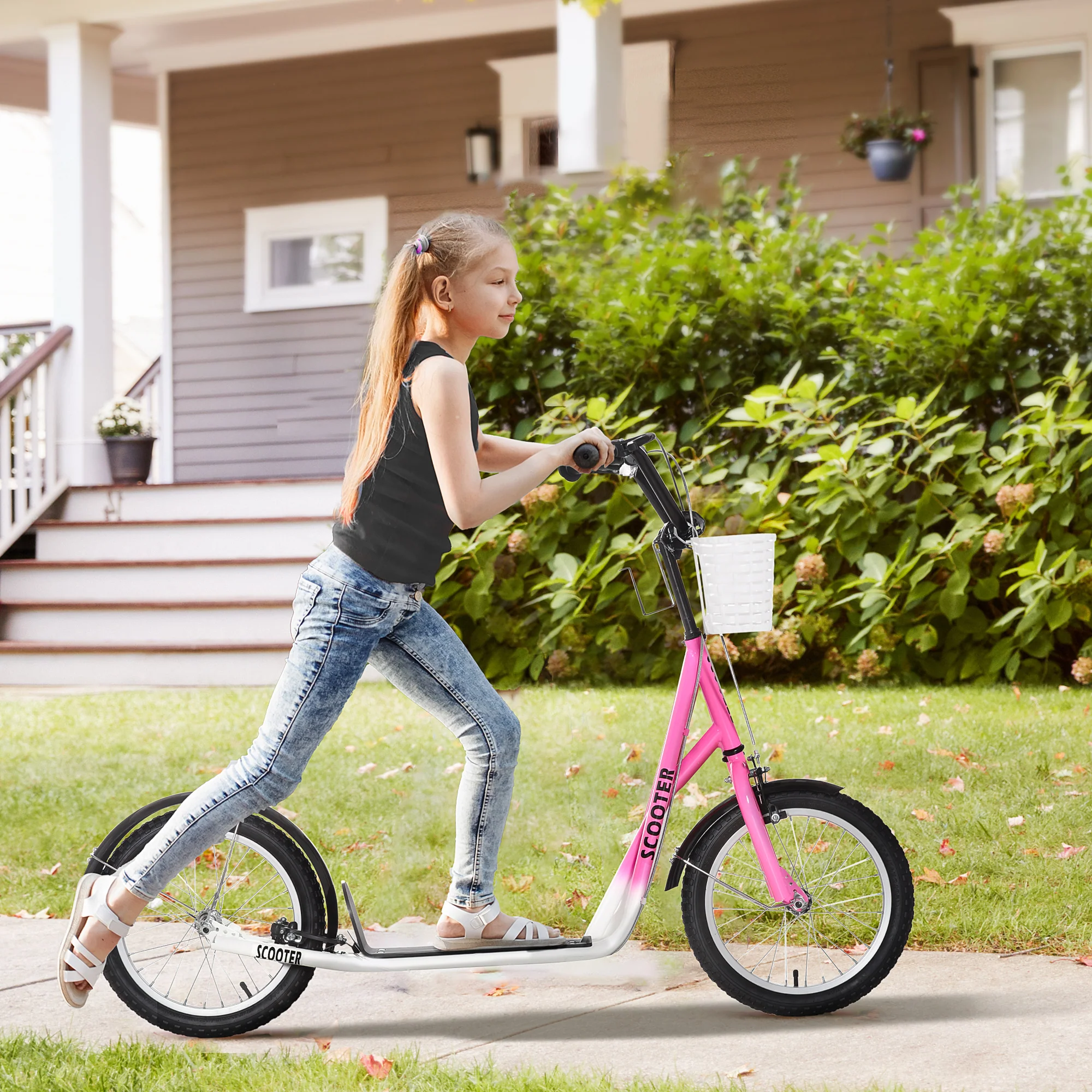 HOMCOM Kinderstep met Rem, Incl. Mand, Hoogteverstelbaar, voor Kinderen van 5 tot 12 Jaar, Wit + Roze
