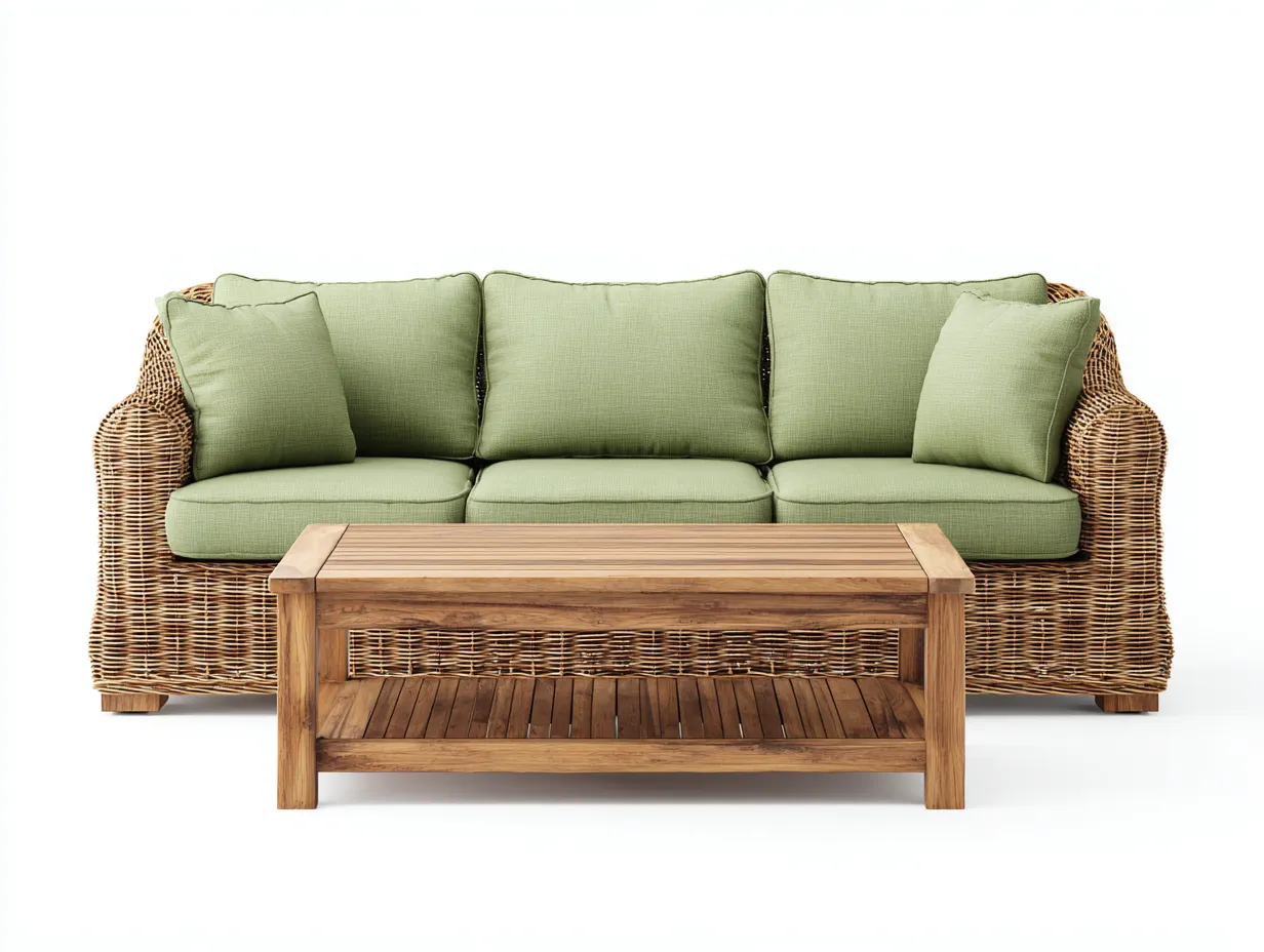 Gartensofa-Polyrattan-Holz-228 x 82 x 78 cm-Natur-Grün-Natürlicher Outdoor-Stil