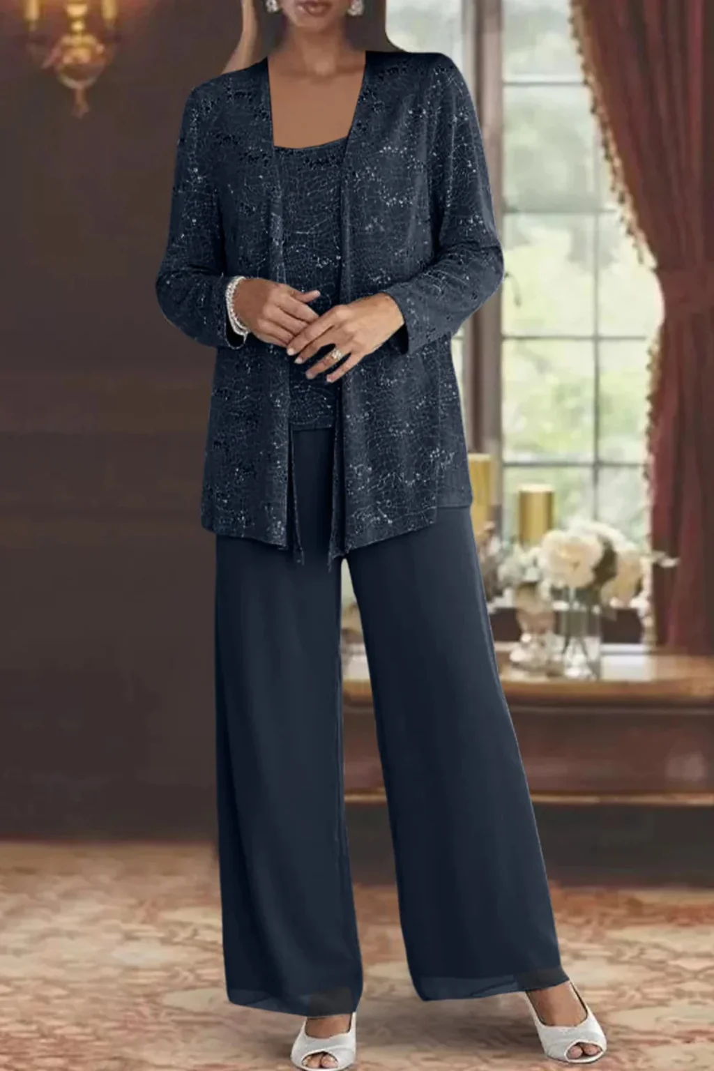 Damen Hosenanzug 3-teilig festlich | Set mit Pailletten-Spitzenjacke und weiter Hose | Elegantes Outfit f��r Hochzeitsg?ste