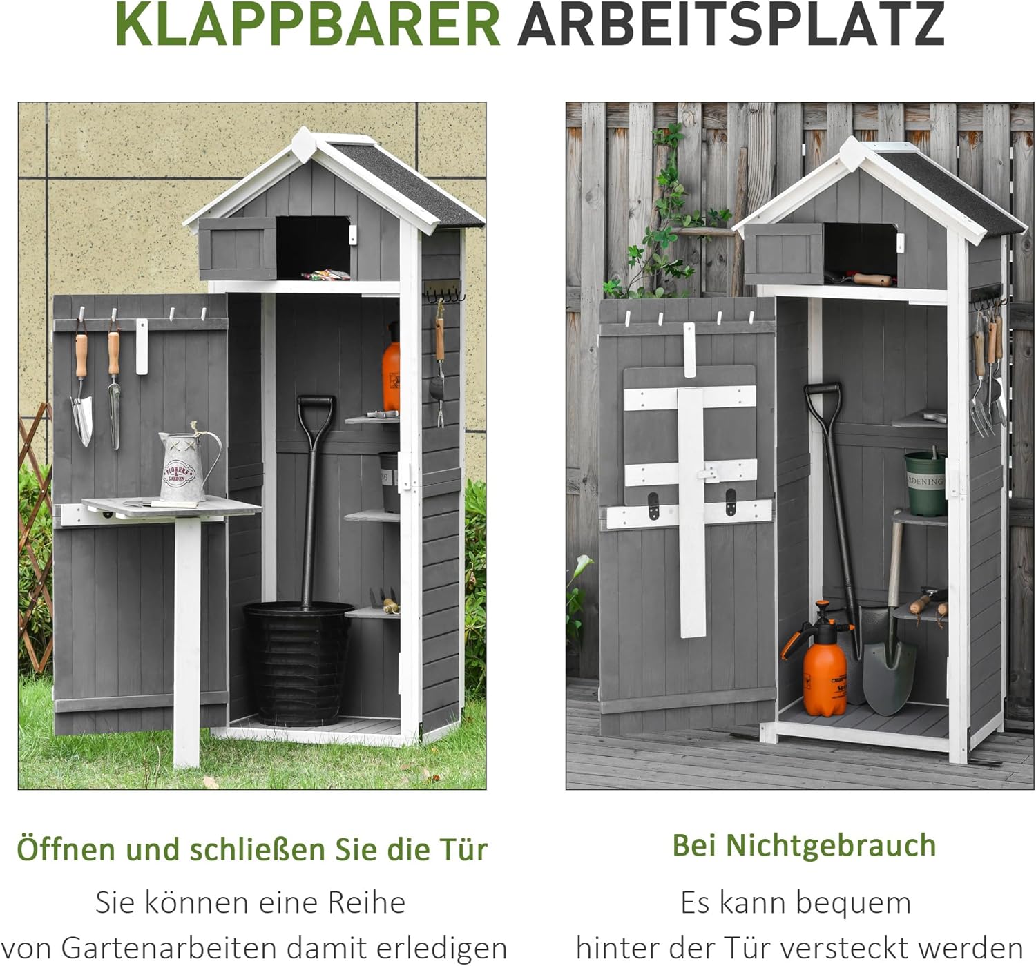 Outsunny Gartenschrank Holz, wetterfest 78x52,5x182cm Gerätehaus, Geräteschuppen mit Satteldach, Tür, Gartenschuppen mit faltbar Tisch, Haken, Geräteschrank Werkzeugschrank für Terrasse, Garten, Grau