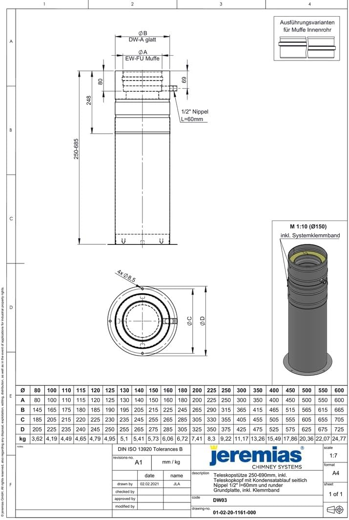 Jeremias DW-FU Teleskopstütze 450mm 250-690mm Edelstahl mit Kondensatablauf seitlich 1/2 Zoll Nippel Doppelwandige Abgasanlage CE-zertifiziert