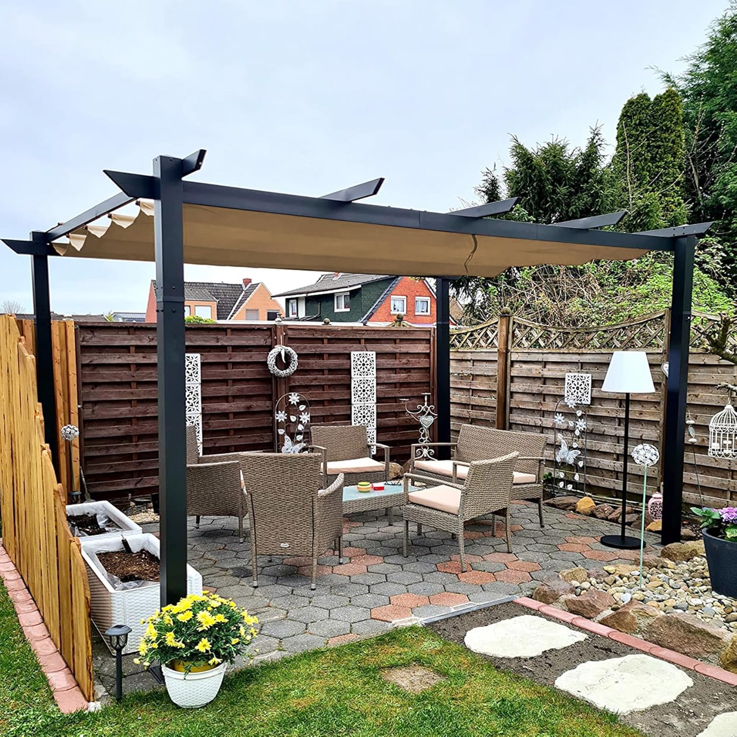 PURPLE LEAF Pergola 3 x 4 m Aluminium Garten Pavillon Wasserdicht Sonnendach mit Schiebedach, Terrassenüberdachung mit Markisenschutz für Garten Terrasse, UV Beschattung, Beige