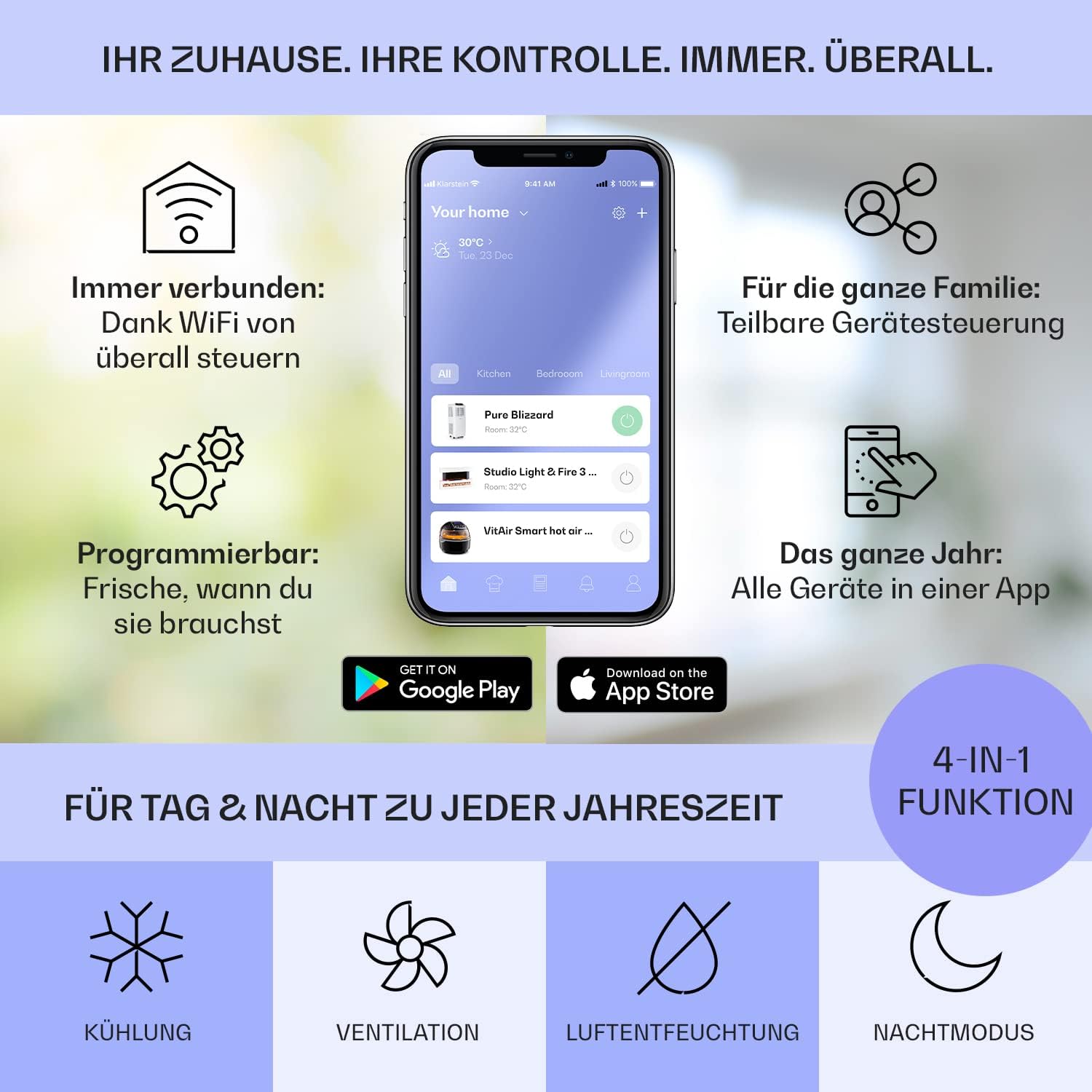Klarstein Klimaanlage, 4-in-1 Klimagerät, Entfeuchter, Ventilator & Nachtmodus, Mobile Klimaanlage mit Abluftschlauch, App-Steuerung, Air Conditioner für Räume bis 44 m², 9000 BTU, Weiß