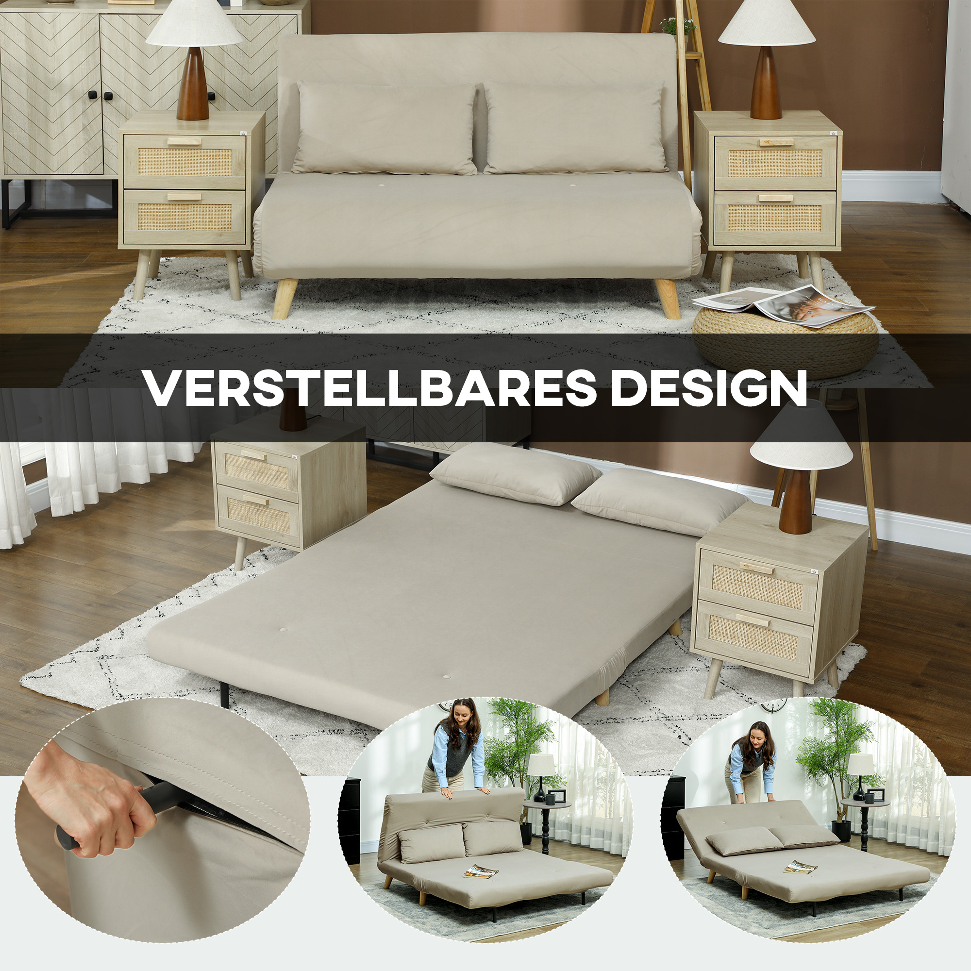 Slaapbank Relaxbank Sofa Couch, Incl. 2 Kussens, Fluweeloptiek, 130 x 78 x 79 cm, Beige