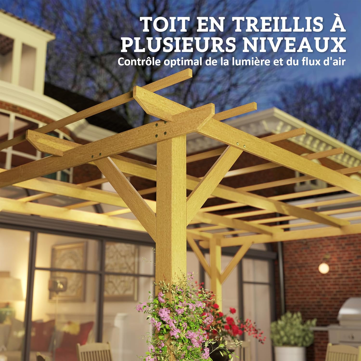 Outsunny Pergola Garten im Freien 3 x 4 m versenkbare Schiebepergola, Holzpergola, Gartenlaube für Kletterreben, Blumen, Rosen, Pergola für Terrasse, Patio, Naturholz