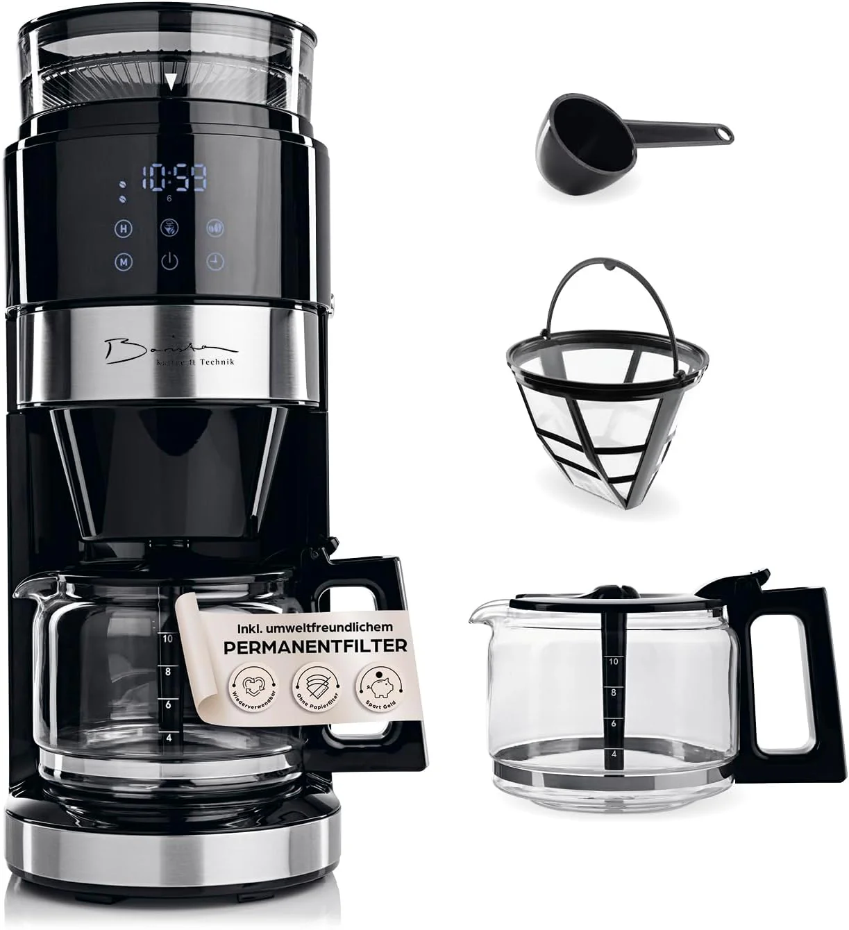 Barista filterkoffiezetapparaat met verstelbare molen & thermoskan | Warmhoudfunctie, 24-uurs timer & permanent filter | Voor 10 koppen koffie | Koffiezetapparaat voor bonen & poeder [roestvrij staal]
