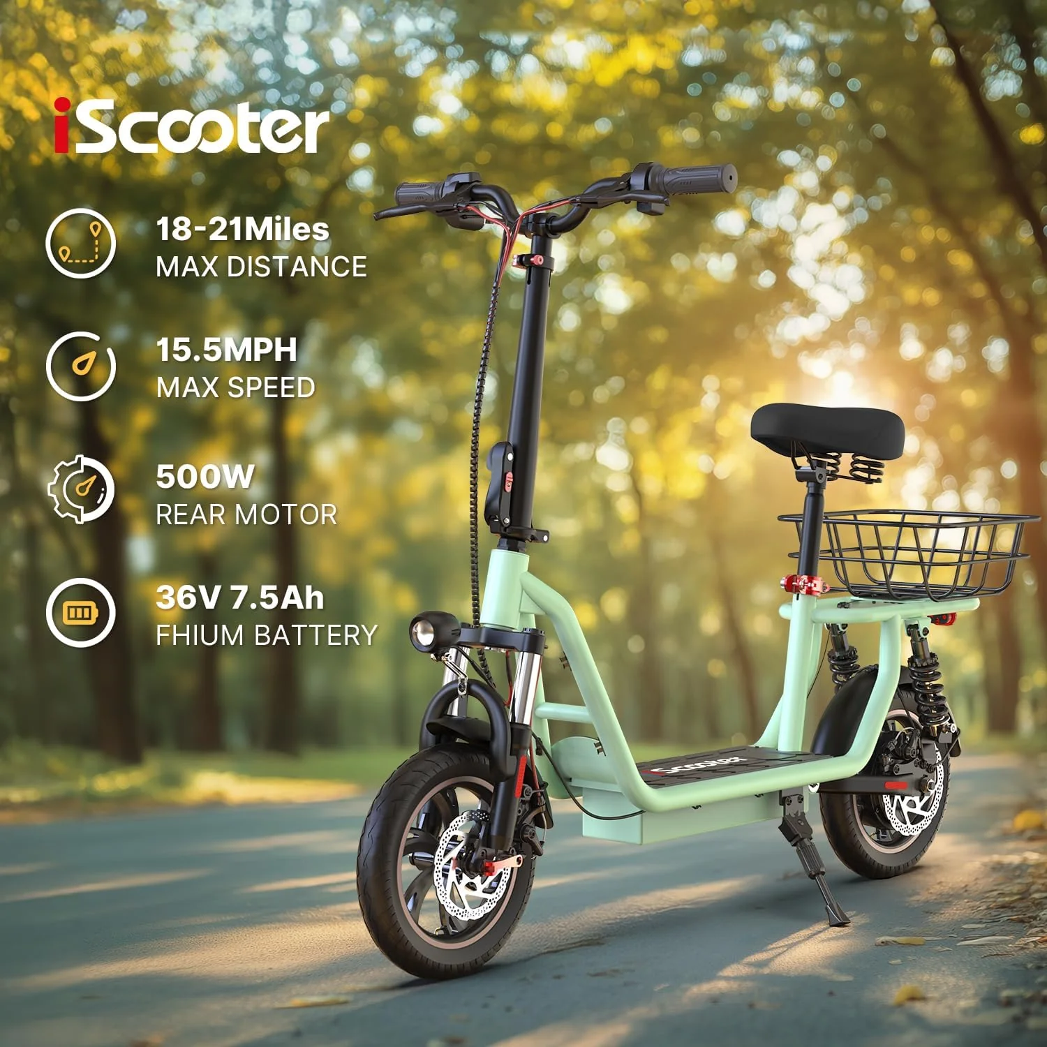 iScooter electric scooter with seat, 37/21 mile range, 28/19/15.6 mph top speed, dual suspension scooter with basket
