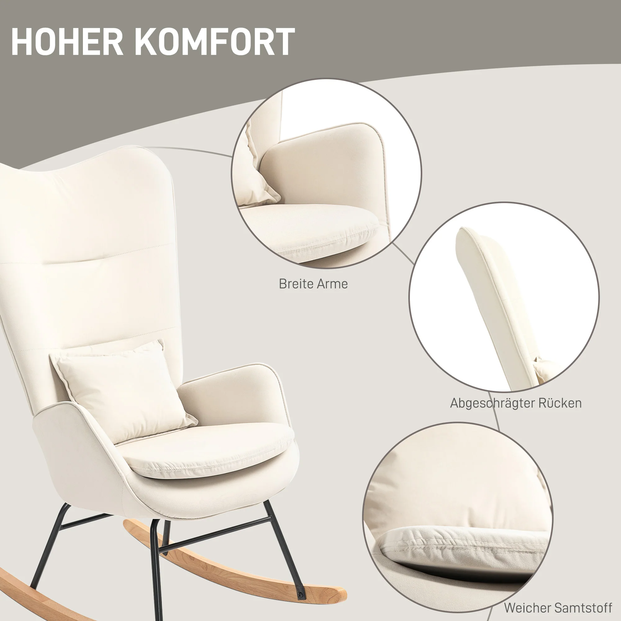 HOMCOM Schommelstoel in Samt-uitstraling met Lendenkussen, tot 120 kg, 67 x 85 x 112 cm, Crèmewit