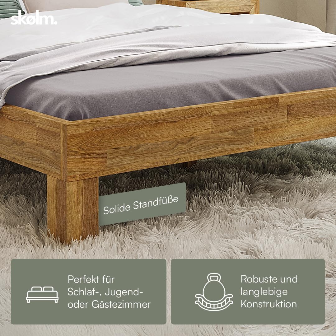 skølm Floki Massivholzbett 160x200 cm aus Eiche - hochwertiges Bettgestell - Bettrahmen mit Bettkopf - Holzbett in Natur geölt - Bett 160x200 cm geeignet als Doppelbett - Futonbett