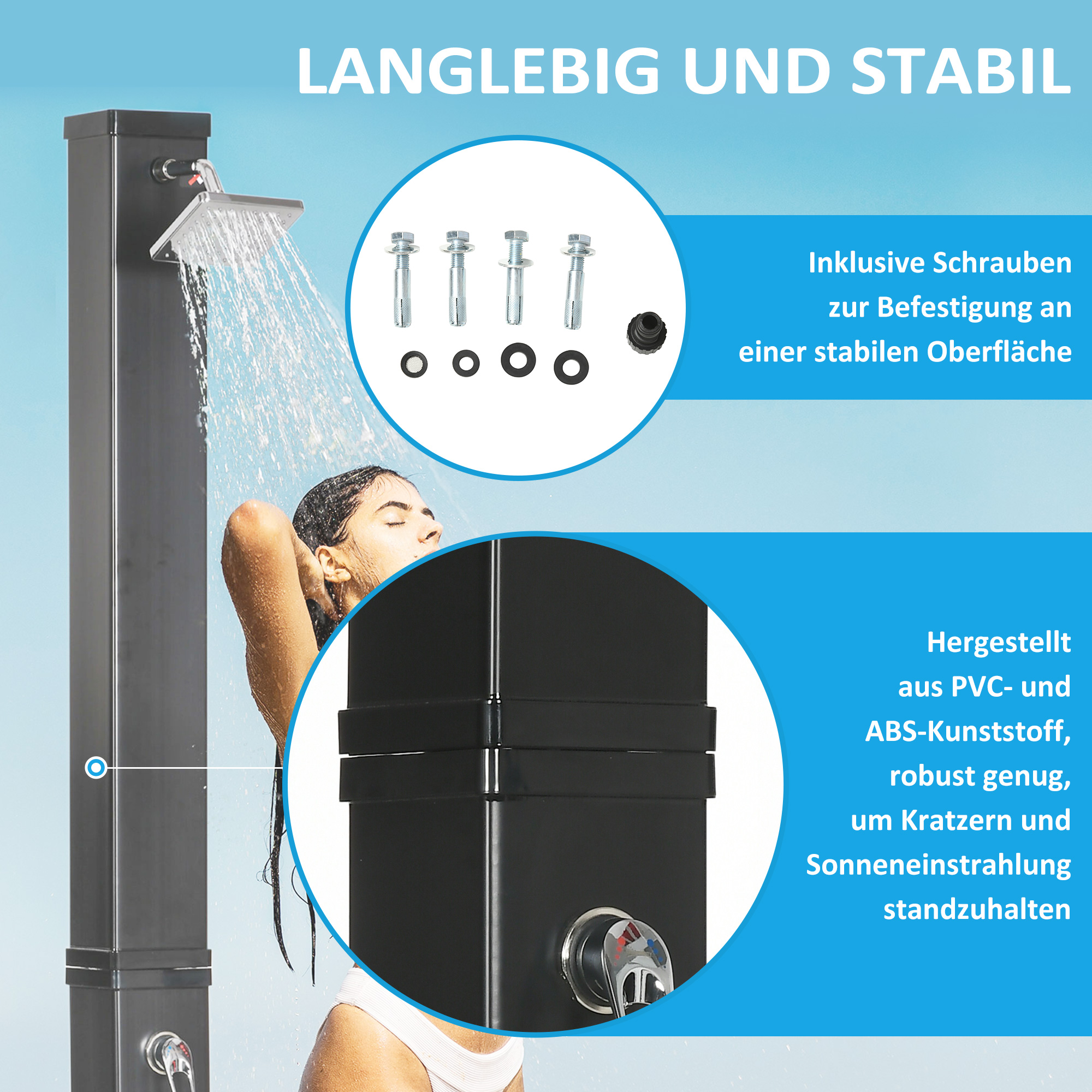 zonnedouche, 360�� draaibare douchekop, voetdouche, waterverwarming tot 60�� C, zwart, 19 x 20 x 217 cm