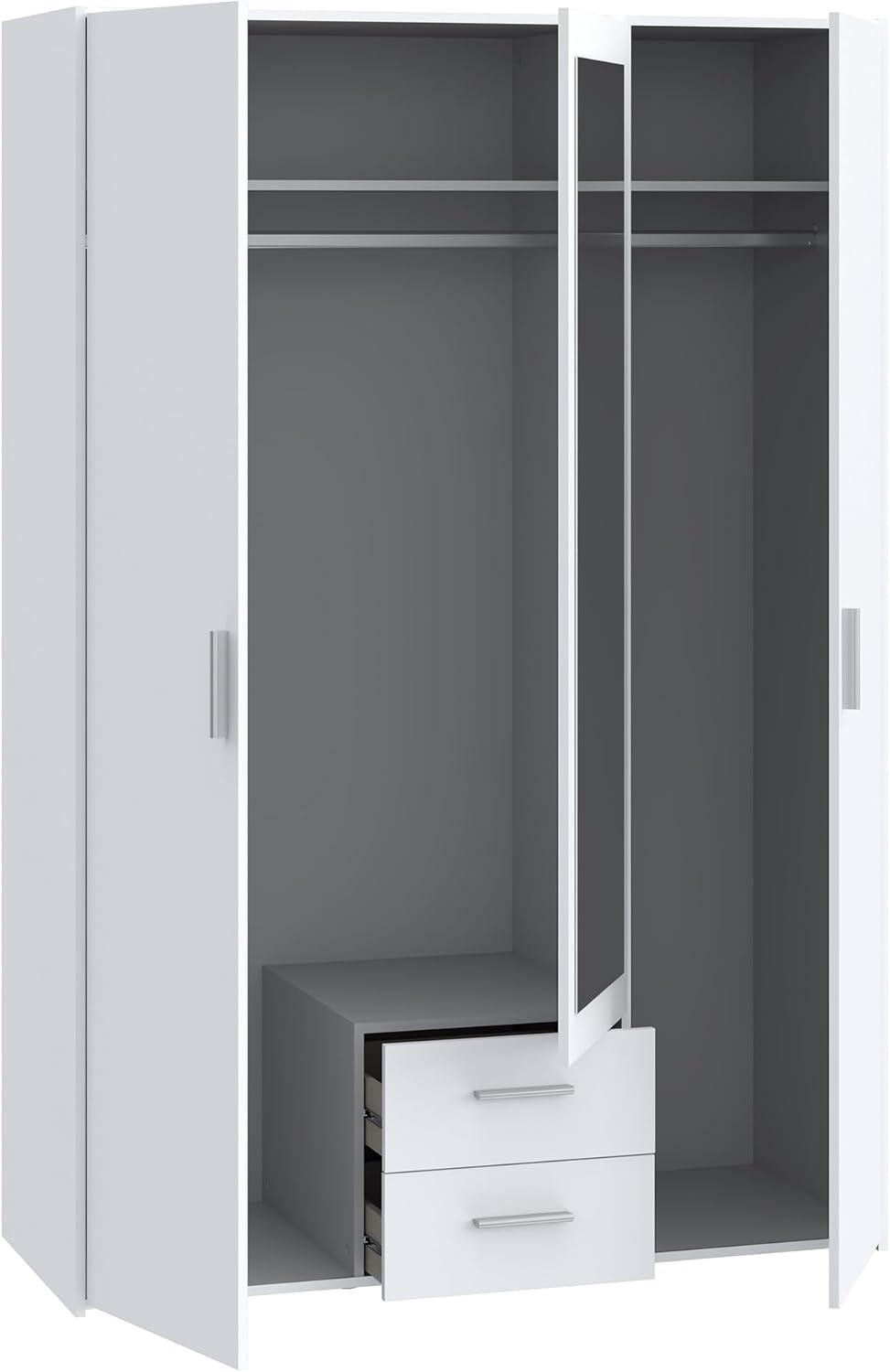 Forte TELANE Kleiderschrank 130, moderner Drehtürenschrank, 3-türig, 2 Schubladen, Spiegel, Schlafzimmer, Holzwerkstoff, Weiß, 131,1 cm breit x 195 cm hoch x 54,2 cm tief