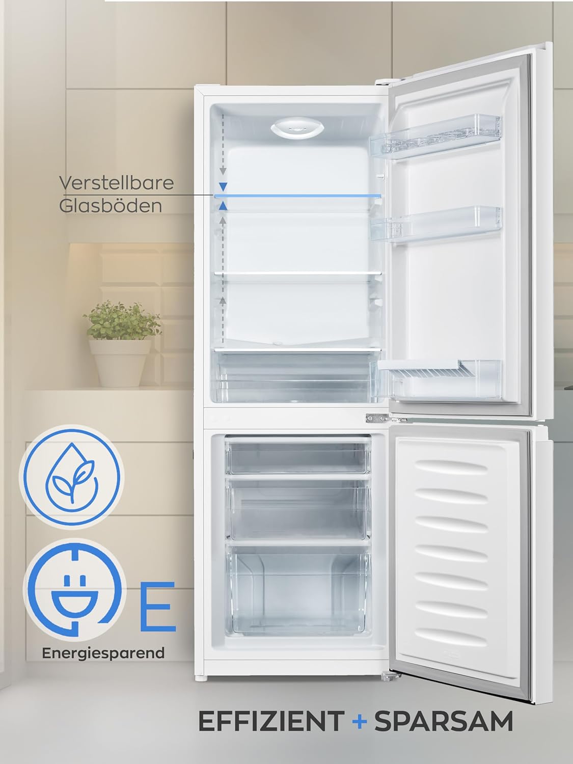 Heinrichs Fridge Freezer Combination 175 Litres, Cooling Volume 122 L, Freezer 53 L, LED Interior Lighting, Fridge Door Hinge, Changeable, Quiet 39 dB, Large Freezer Boxes, 7 Temperature Levels, inox