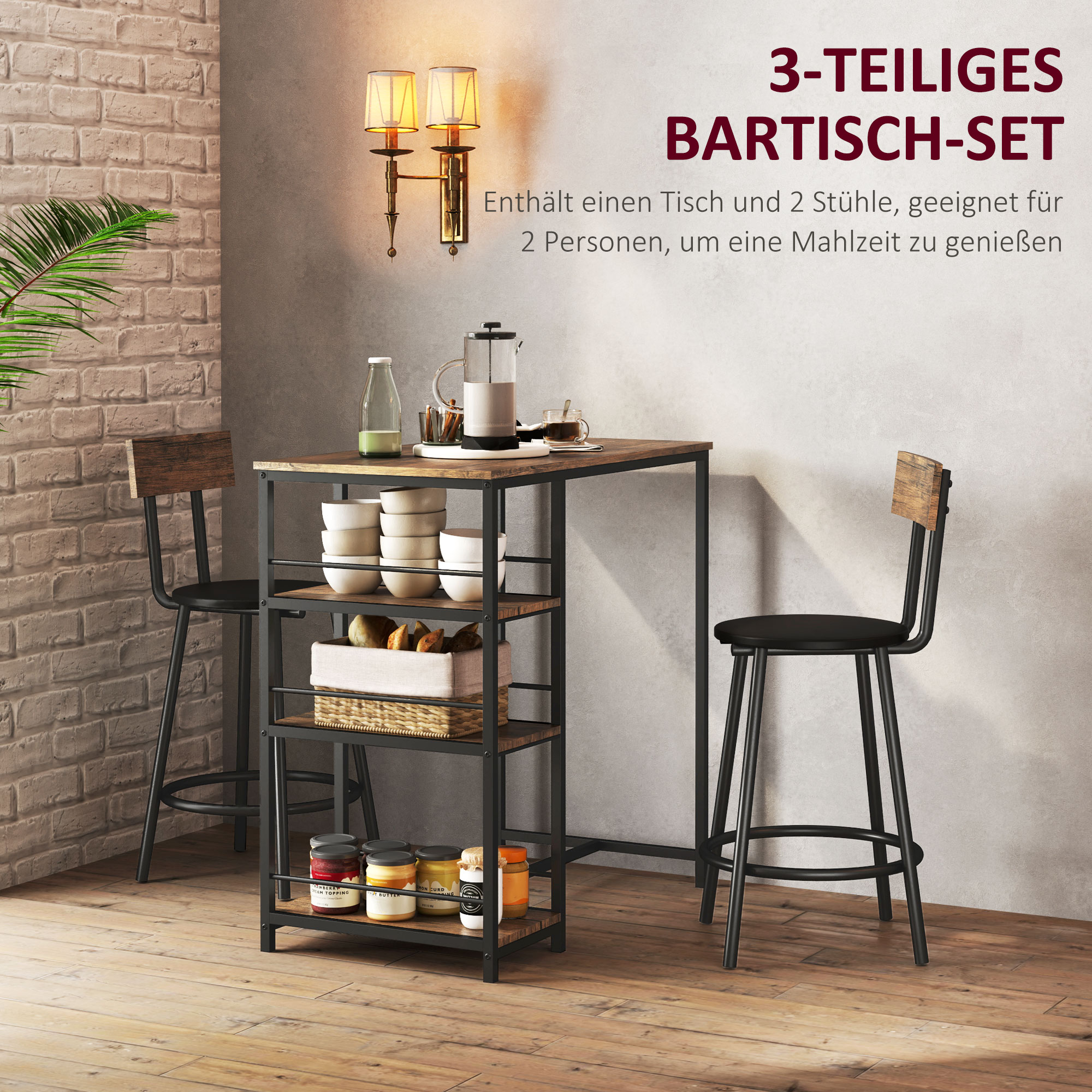 3-delige Eetset met Bartafel en 2 Stoelen, Klein Keukenset met Zijplanken, MDF, Metaal, Zwart