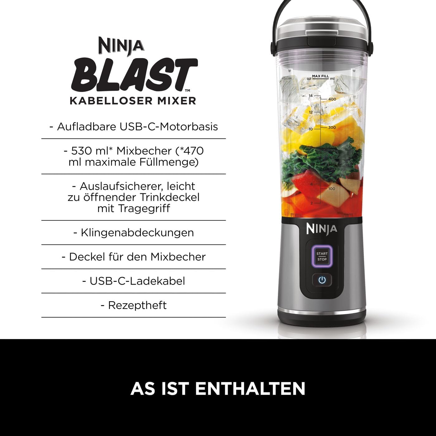 Ninja Blast Tragbarer Mixer / Blender / Smoothie Maker, 530ml Becher, Auslaufsicherer Deckel, Leistungsstarker Mini Standmixer, Kabellos & Wiederaufladbar, Zerkleinert Eis & Obst, Schwarz, BC151EUBK