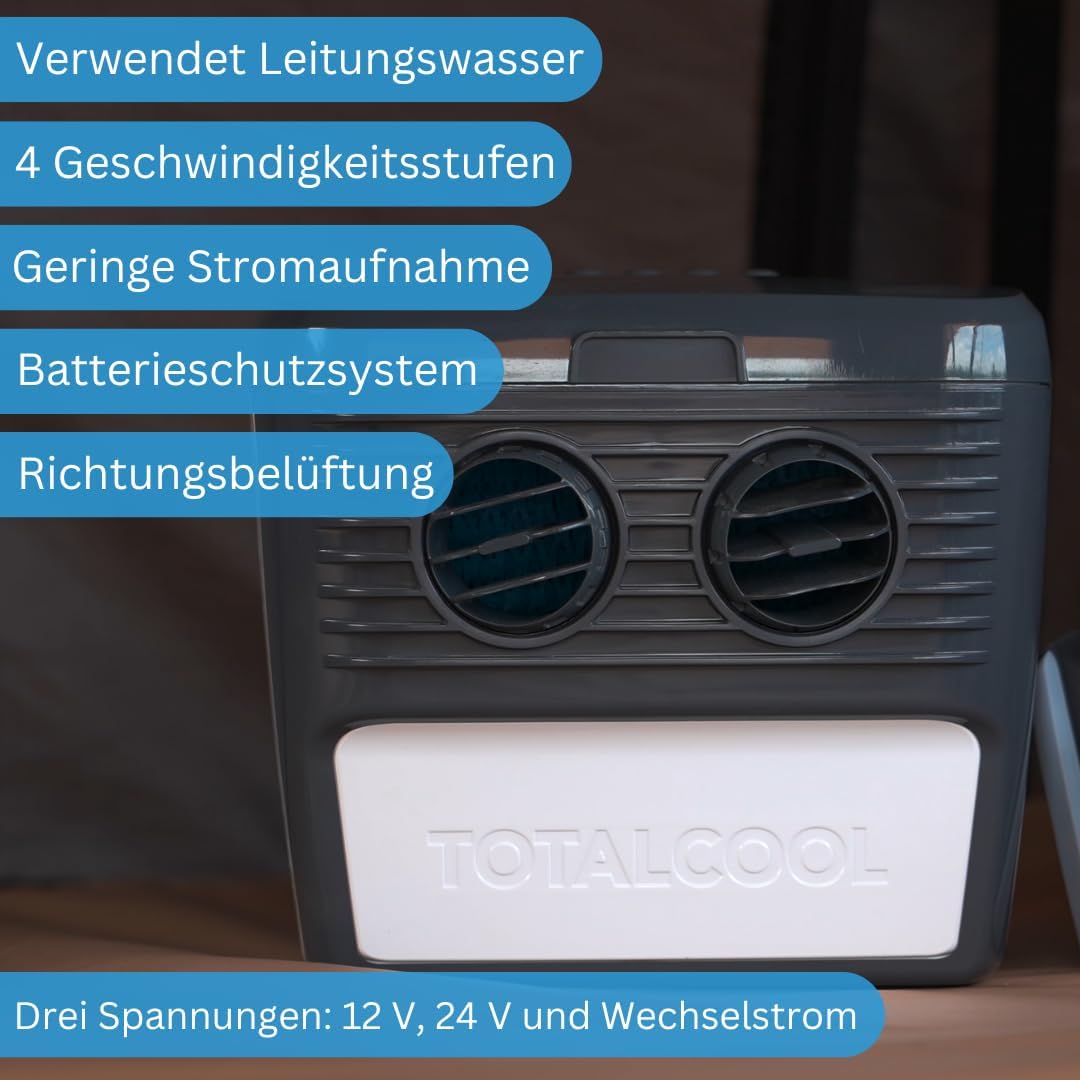 TOTALCOOL 3000 – Tragbarer Verdunstungsluftkühler 12 V/24 V/AC – Wohnwagen – Wohnmobil – Bootfahren – Angeln