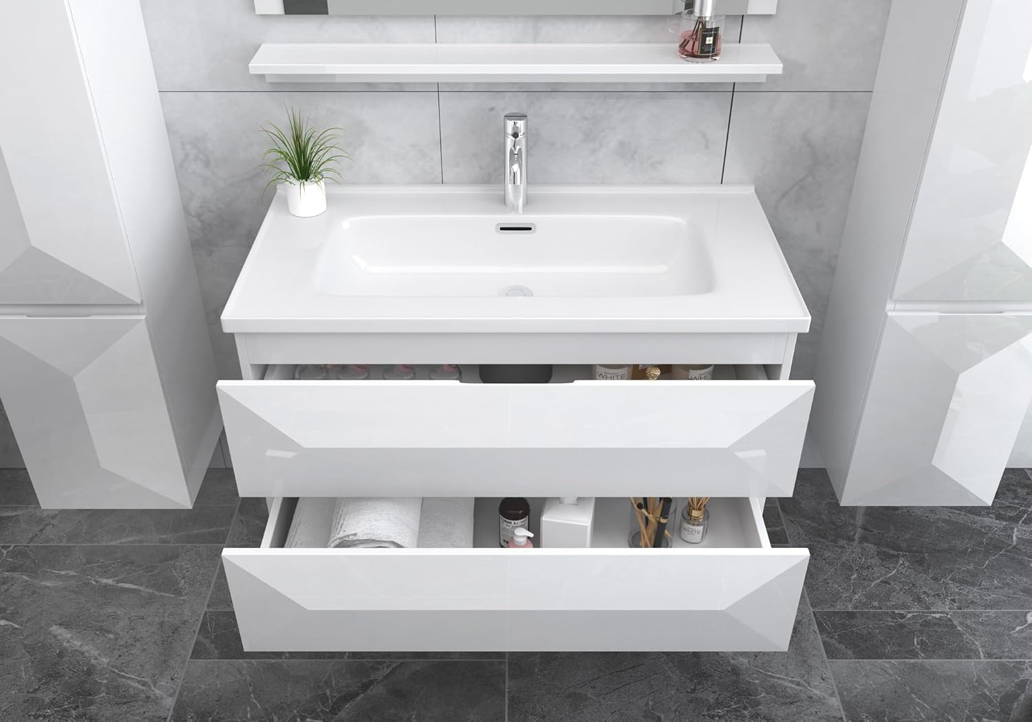 Faizee Möbel Miran Hochglanz Badmöbel Set mit Spiegel & Keramik-Waschbecken – Modernes 6-teiliges Badezimmer Set mit Soft-Close Unterschrank & 2 Seitenschränken (Miran Weiß, 60 cm (Unterschrank))
