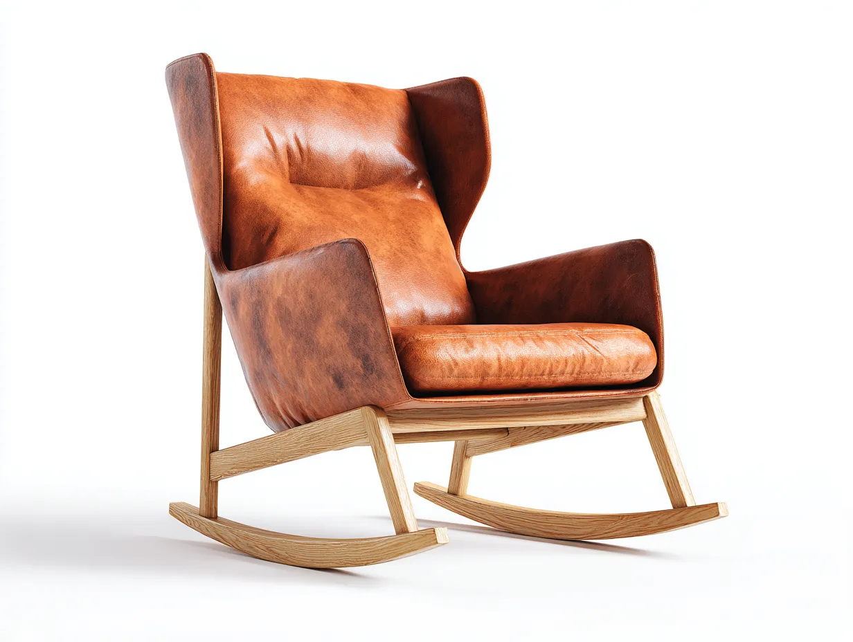 Schaukelstuhl in Lederoptik 74 x 96 x 102 cm - cognacbraun/naturholz - für das Wohnzimmer - modern mit hoher Rückenlehne und Holzgestell