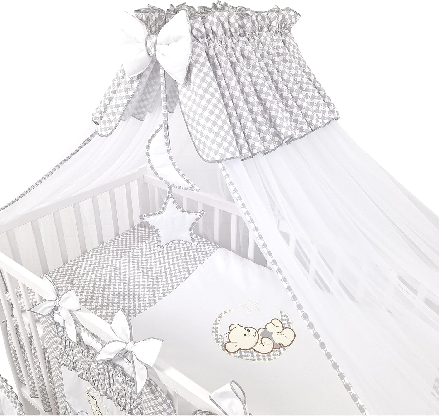 Bello24 - 16 Teiliges Babybett Kinderbett und Bettwäsche komplett Set Happy Leo inkl. Matratze höhenverstellbar für Neugeborene Babys und Kleinkinder aus Massivholz (Grau - Teddybär Mond)
