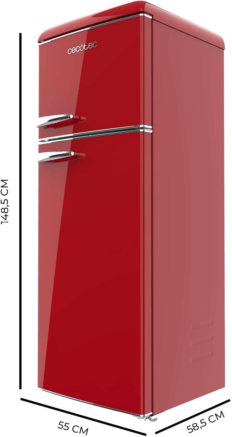Cecotec Réfrigérateur à deux portes rétro 215 L Bolero CoolMarket 2D Origin 215 Rouge. Hauteur 148,2 cm et largeur 55,2 cm, LED, Poignée chromée, Étagères en verre, Contrôle de la température
