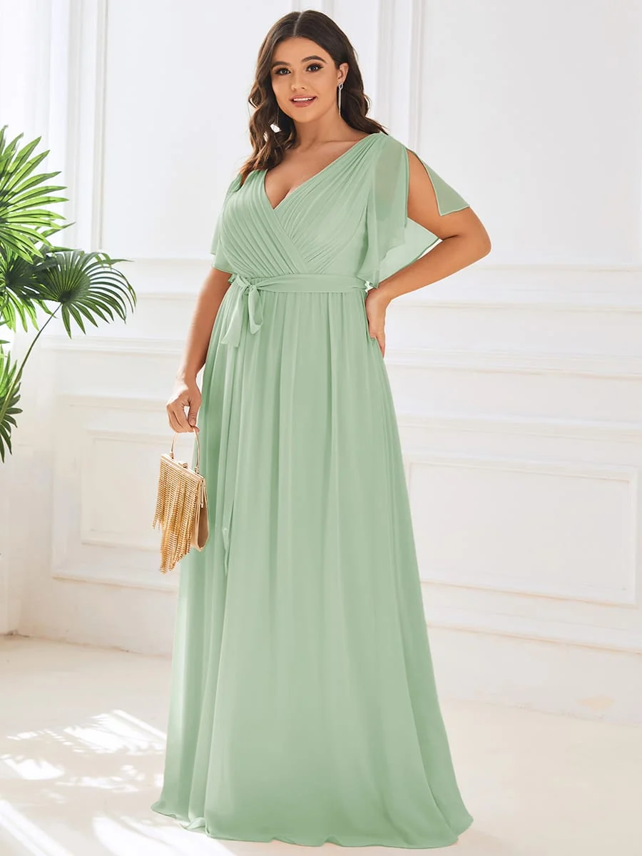 Abendkleid Damen Maxi A-Linie aus Chiffon | Festliches Kleid f��r Hochzeitsg?ste mit V-Ausschnitt und Fl��gel?rmeln