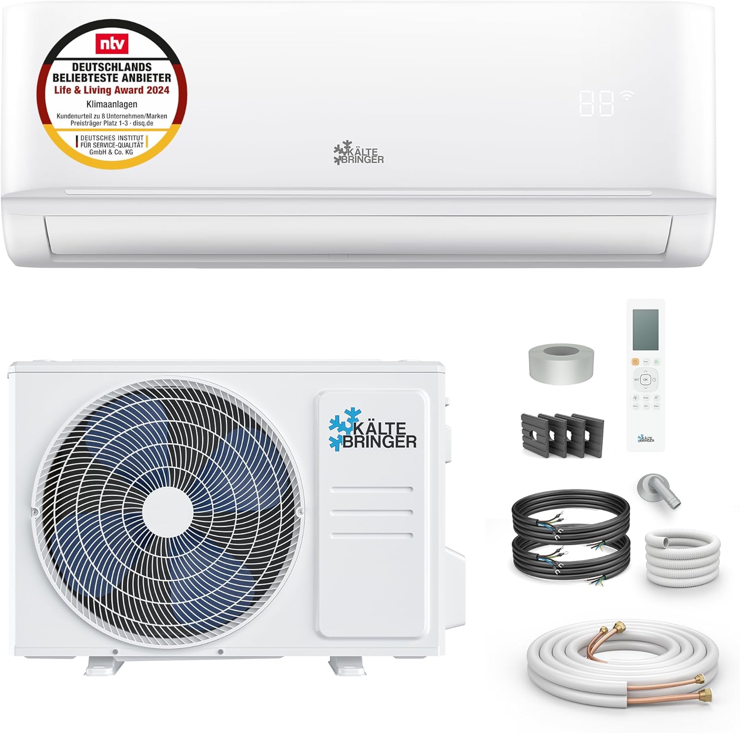 Kältebringer Split Klimaanlage - 9000 BTU (2,6 kW) - Klimagerät mit Heizfunktion, WiFi & App, bis 45qm, sehr leise - Set mit 5m Kupferleitung, Kältemittel R32, Montagematerial, Wandhalterung