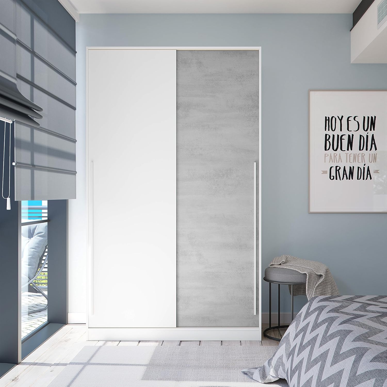 Habitdesign Wardrobe with 2 Sliding Doors with Shelves and Bar, 200 x 120 x 50 cm (H x W x D – cm, White Artik and Cement, Model Indira