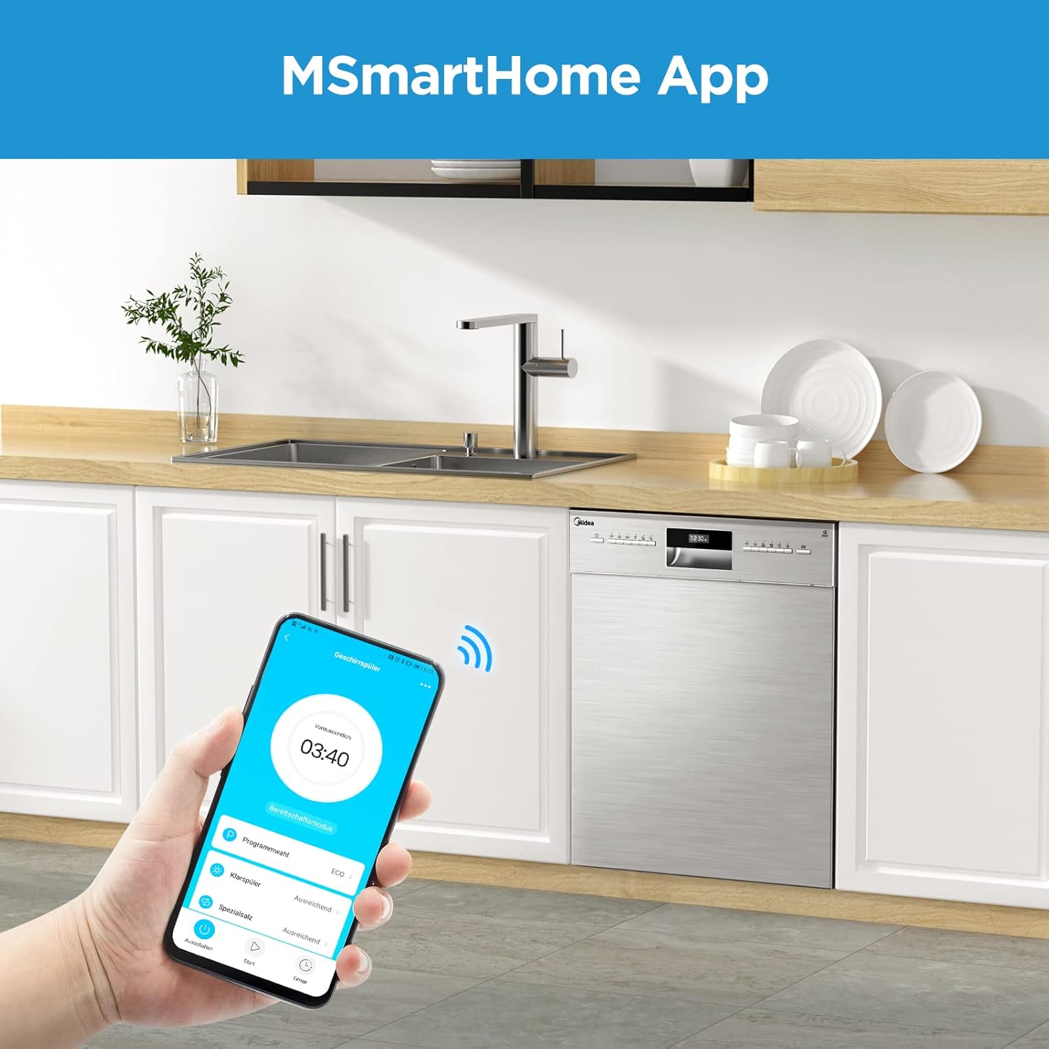Midea Geschirrspüler Unterbau MDWEU1435XSS-W, 14 Maßgedecke, Spülmaschine 60 cm Teilintegrierbar mit WIFI, Extra Trocknung, 7 Programme, 47dB, 0-24h Startzeitverzögerung, Inox