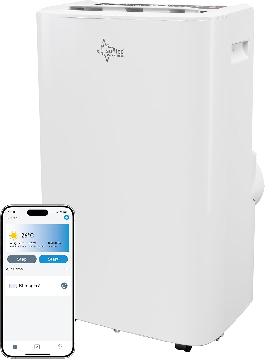 SUNTEC Mobiles Klimagerät Coolfixx 16000 BTU APP – Klimaanlage mobil und leise mit Smart App Steuerung – Entfeuchter für Räume bis 70 qm – Mobile Kühlung & Heizung für zuhause – 16.000 BTU