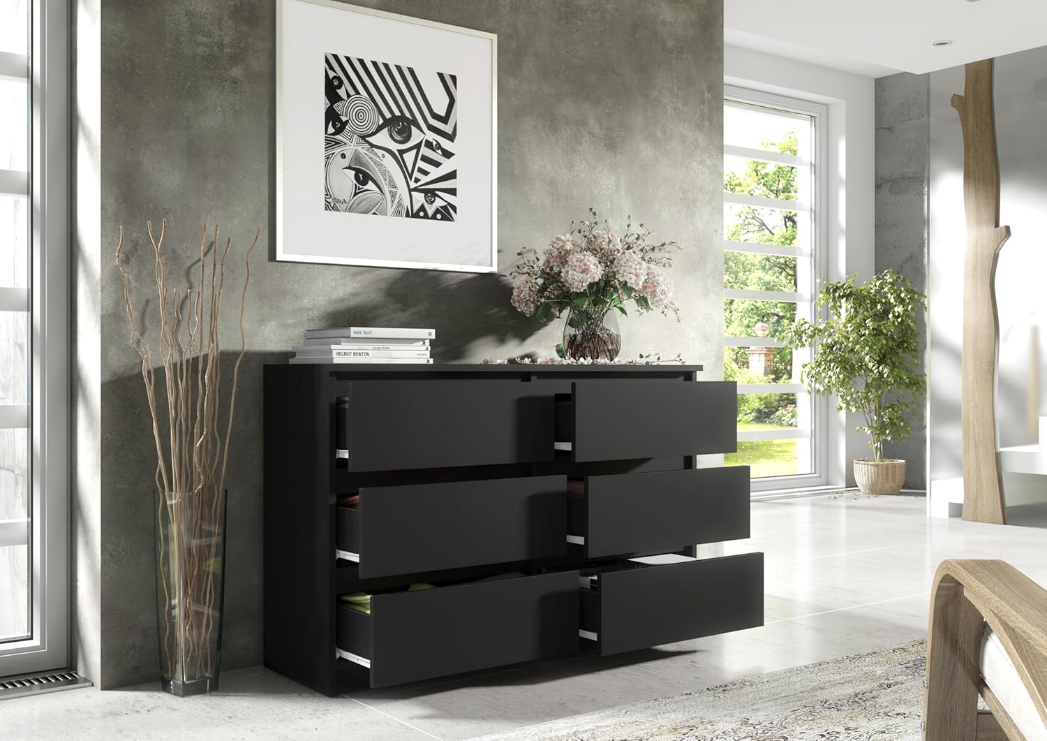 meble masztalerz Kommode 120 cm Breit - Modernes Sideboard - Schrank mit 6 Schubladen - Schubladenschrank - Kommodenschrank für Wohnzimmer, Flur, Schlafzimmer - Schwarz 120x78,5x39 cm