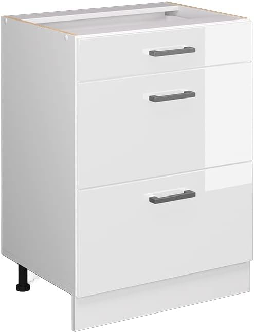 Vicco Küchenunterschrank R-Line, Weiß Hochglanz/Weiß, 60 cm mit Schubladen, ohne Arbeitsplatte