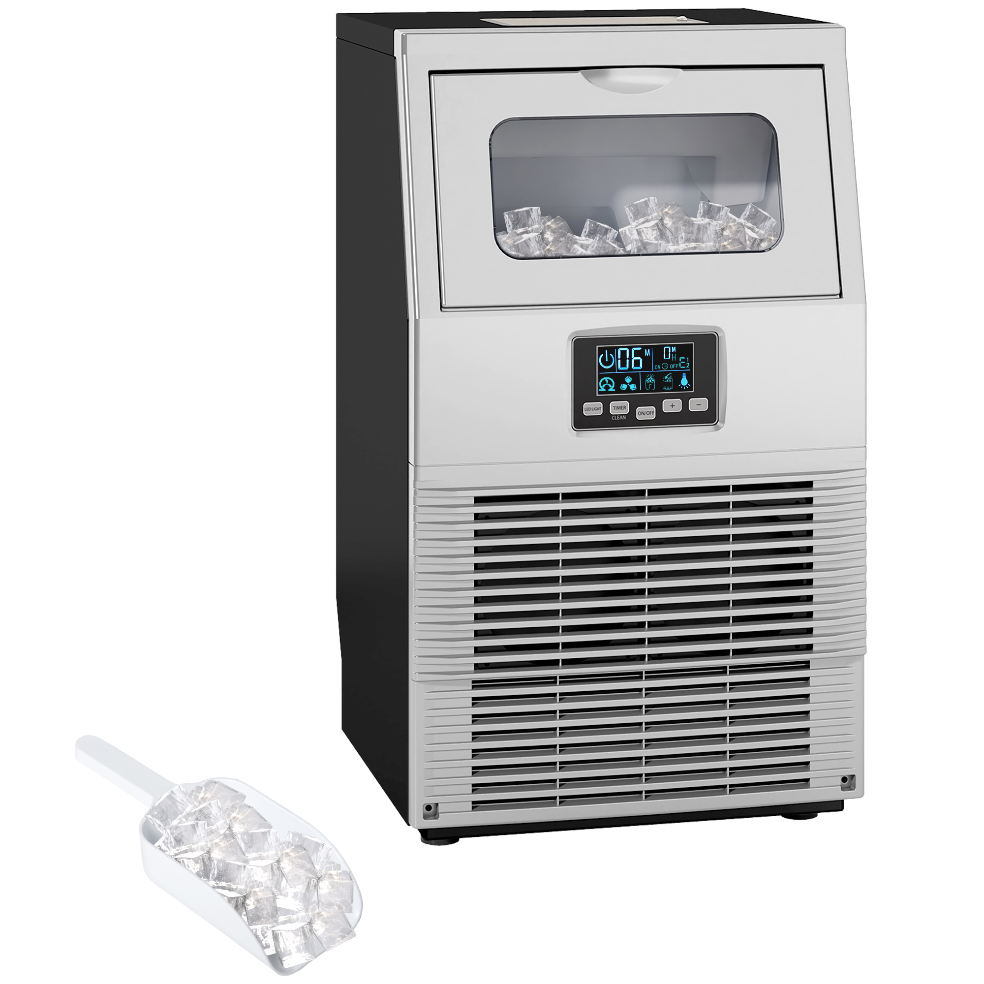 Commerci?le IJsblokjesmachine, LED-Verlichting, Makkelijk Afleesbare Displays, inclusief Schep, Zilver