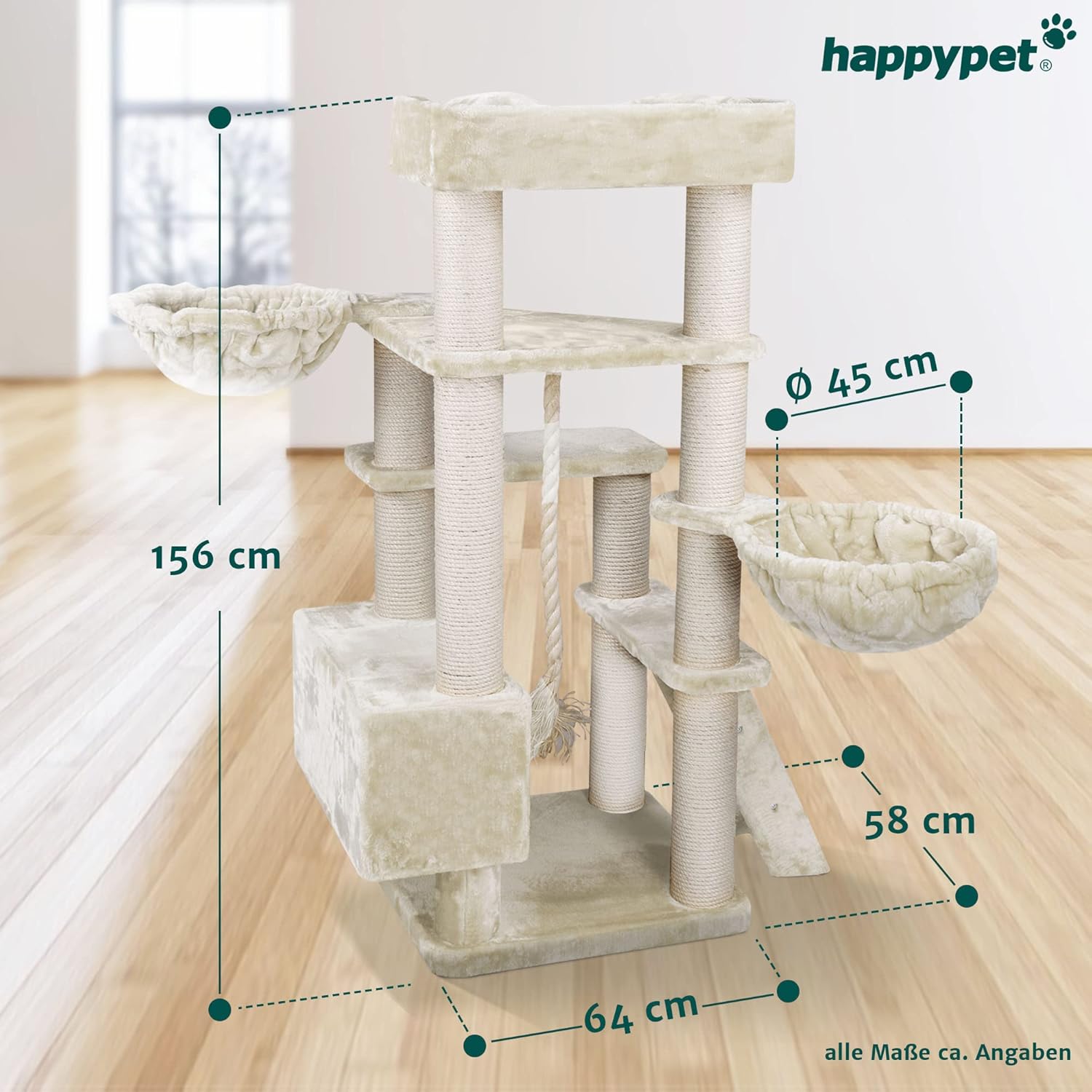 HAPPYPET Kratzbaum große Katzen XXL Jacob - Katzenbaum Deckenhoch, Stabil und Massiv mit Sisalsäulen und Dicker Bodenplatte, Ideal für Schwere Rassen